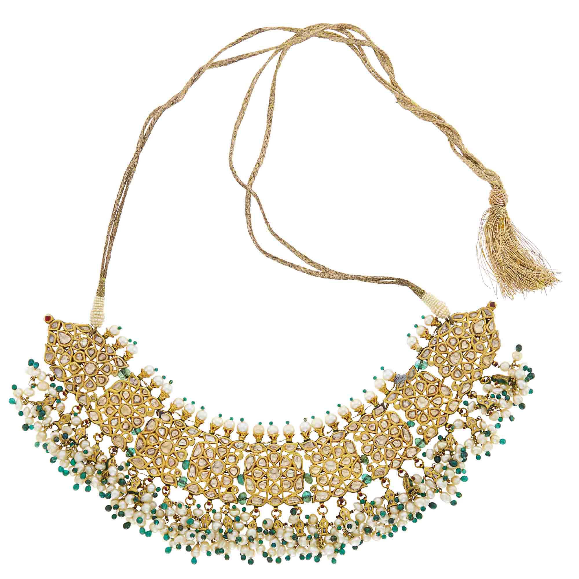 Lot image - Indian Gold, Foil-Backed Diamond and White Sapphire, Emerald Bead, Freshwater Pearl and Jaipur Enamel Fringe Necklace