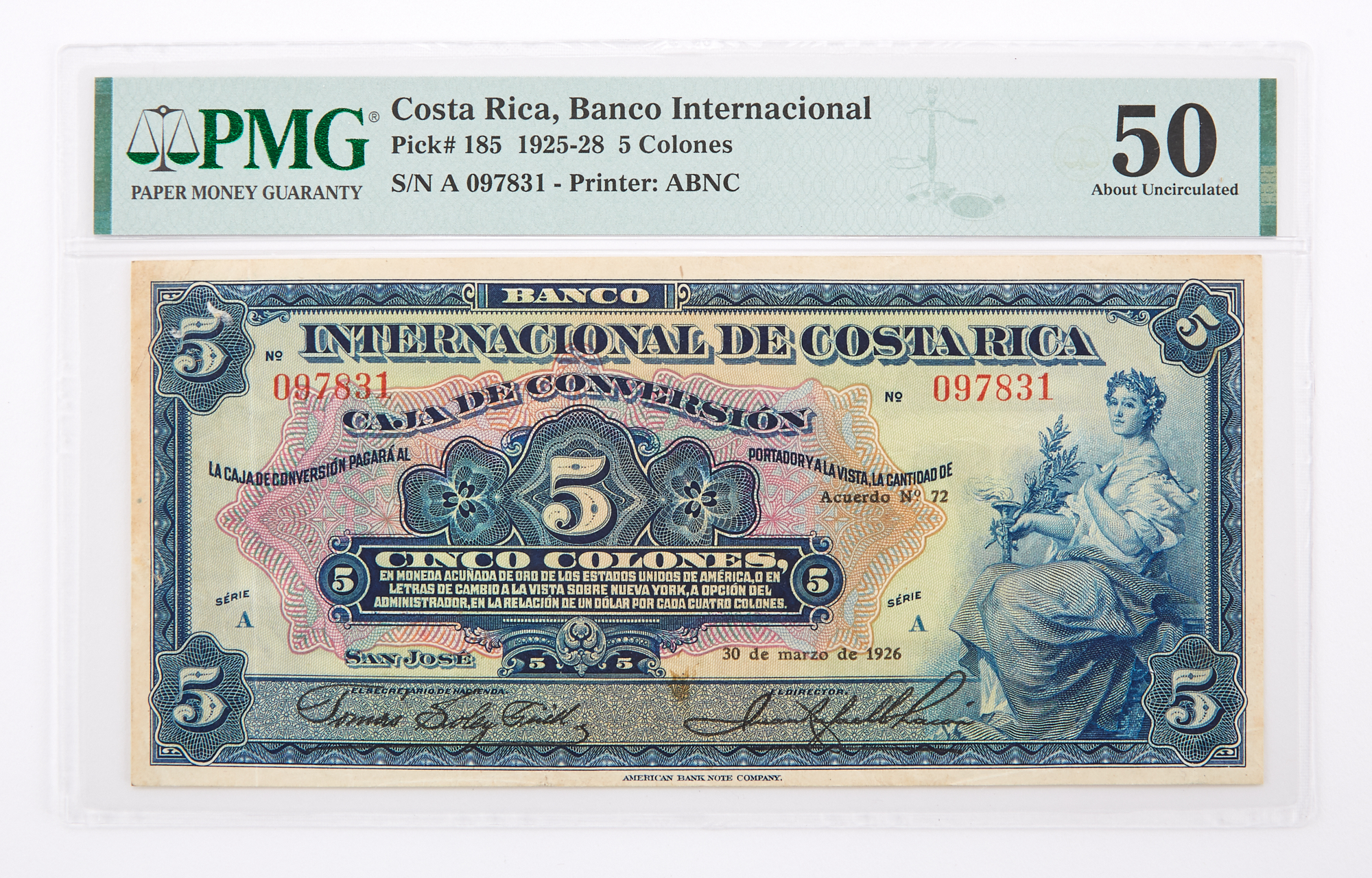 Lot image - Costa Rica,Caja de Conversion Banco Internacional 1925-28 Cinco Colones Pick# 185 PMG 50