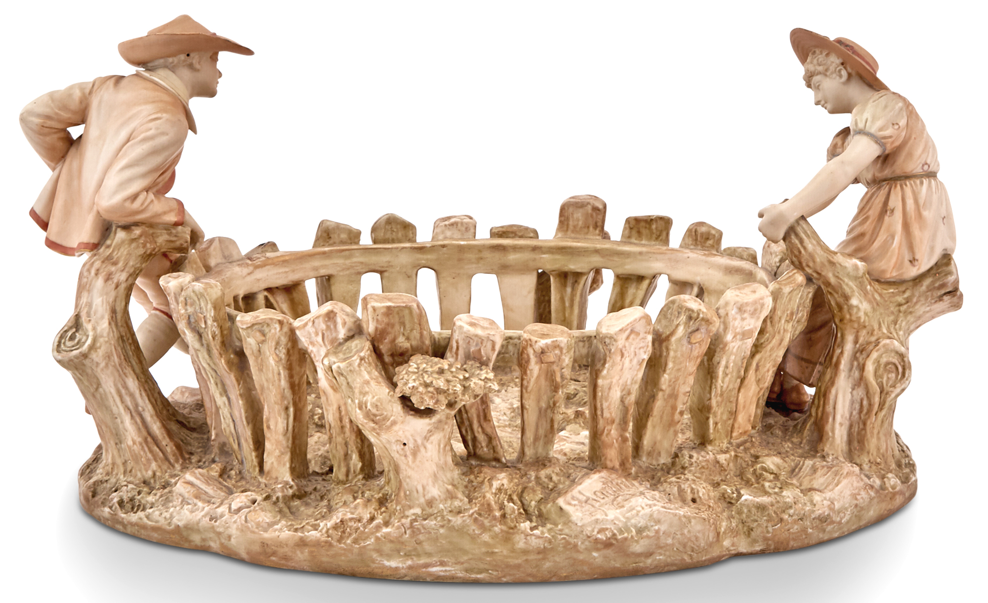 Lot image - Royal Worcester Porcelain Figural and Basket-Form Centerpiece