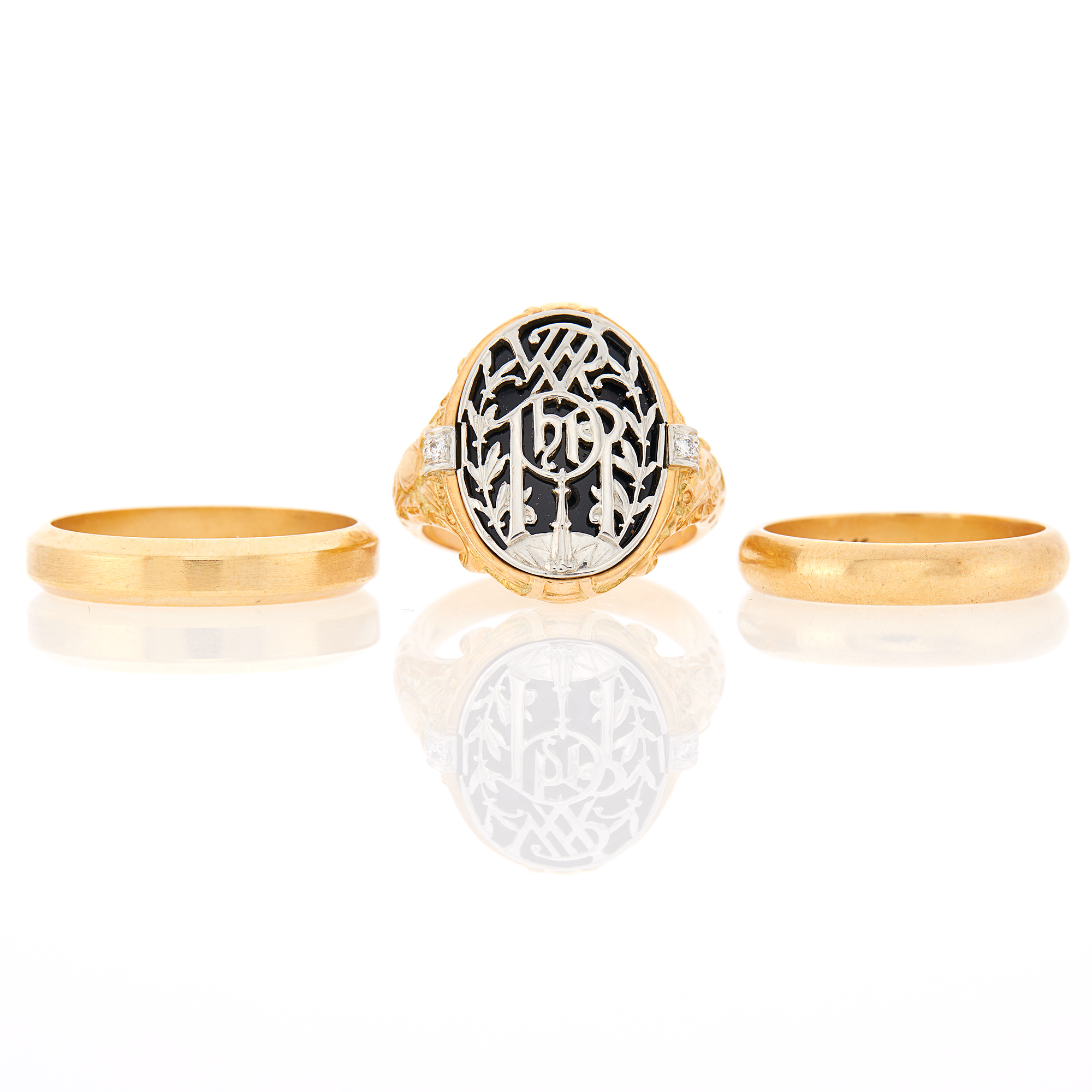 Lot image - Two Gold Band Rings and Two-Color Gold, Black Onyx and Diamond Ring