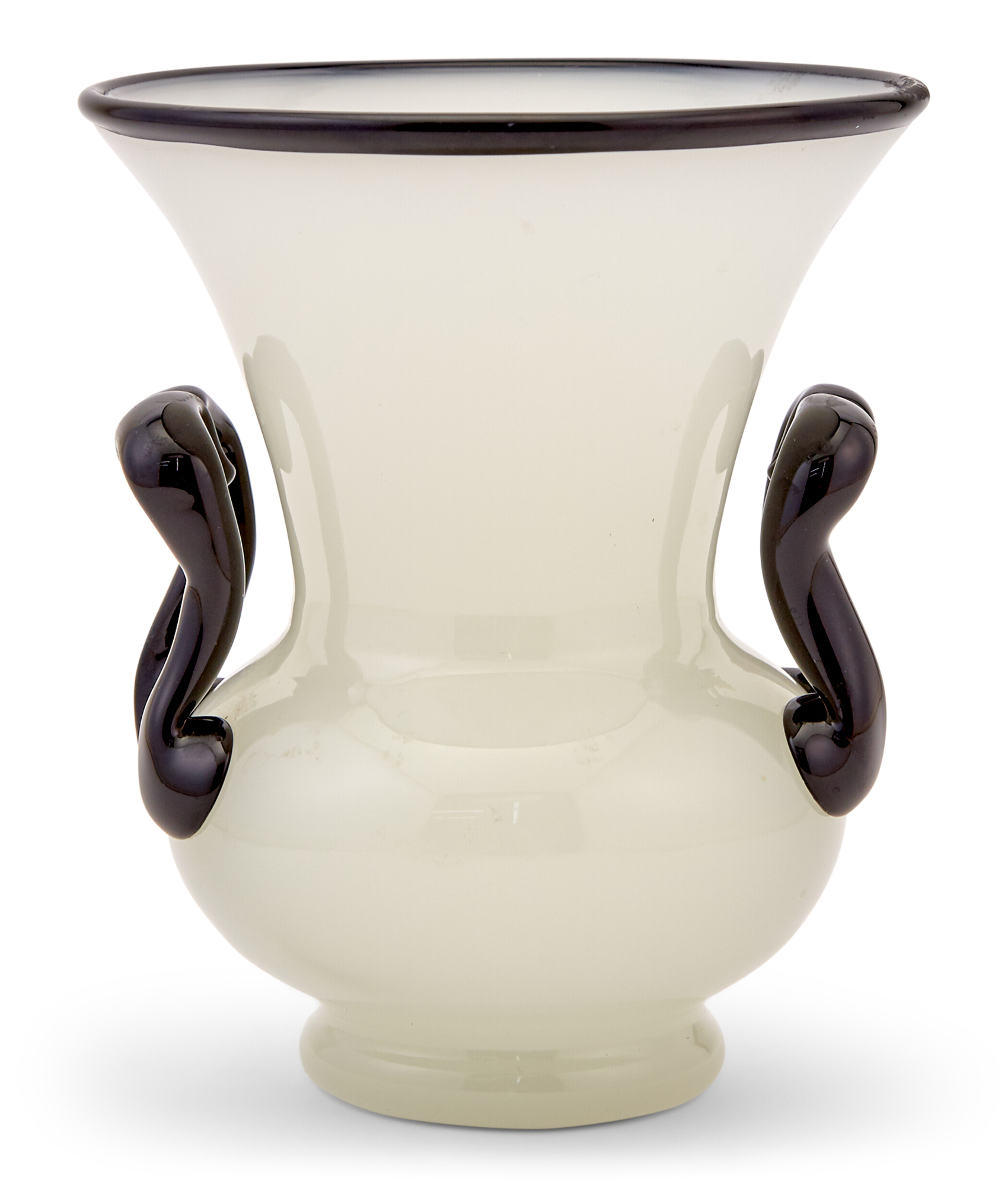 Lot image - Carder Steuben Art Deco Alabaster and Mirror Black Glass Two-Handled Vase