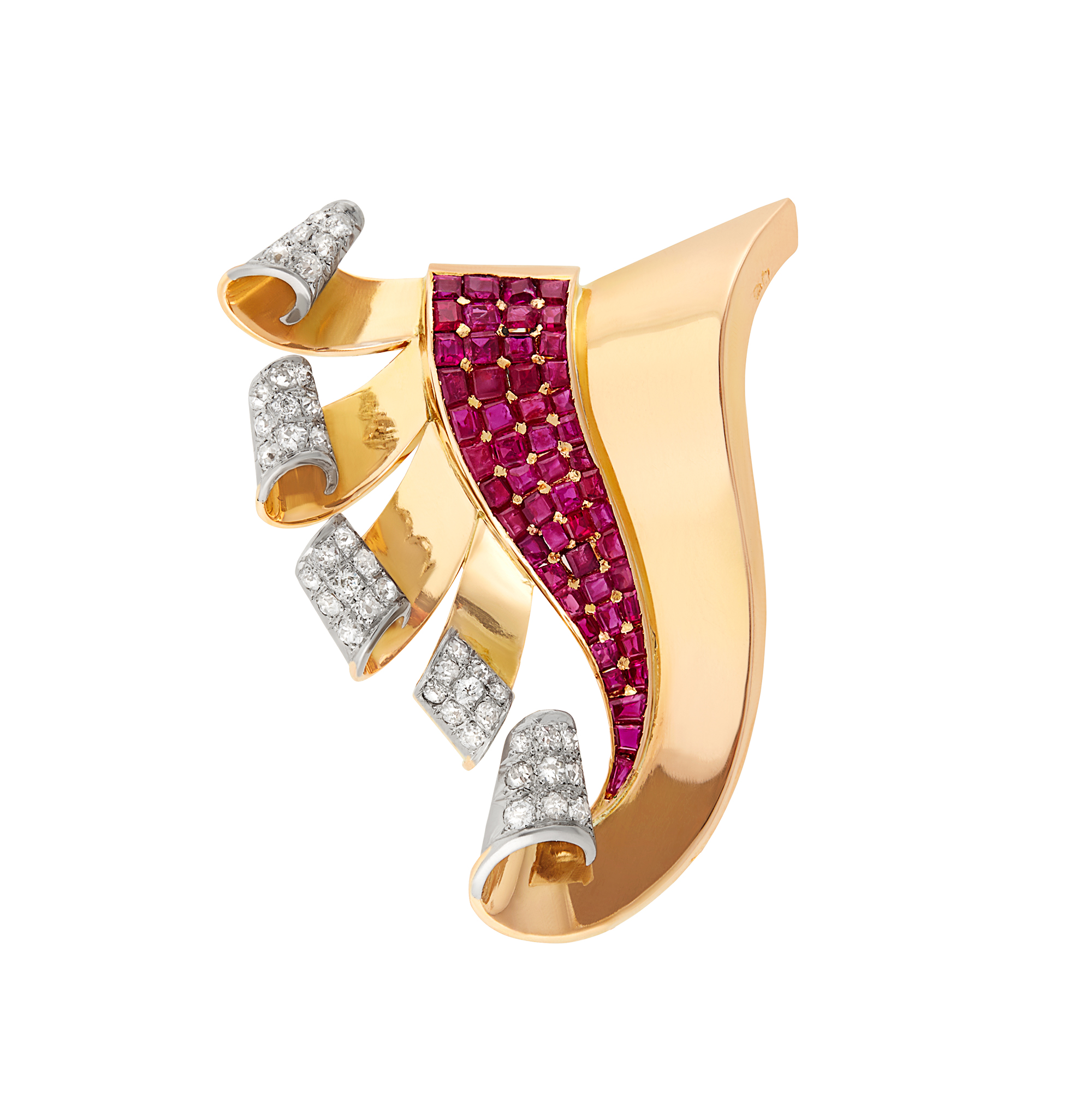 Lot image - Retro Gold, Ruby and Diamond Clip-Brooch, France