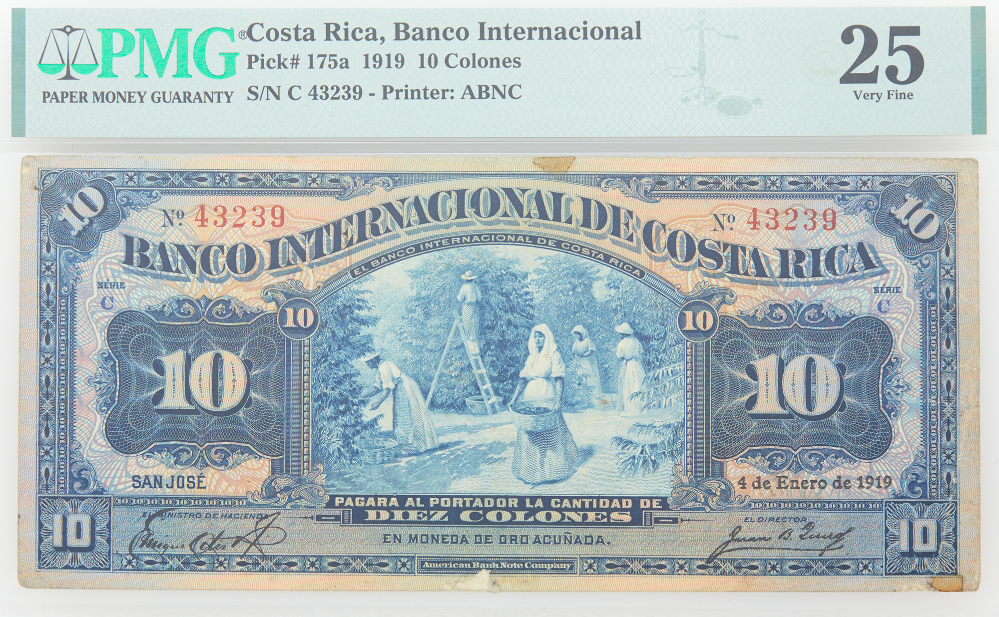 Lot image - Costa Rica, Series B Provisional 1919 Diez Colones Pick# 175a PMG 25