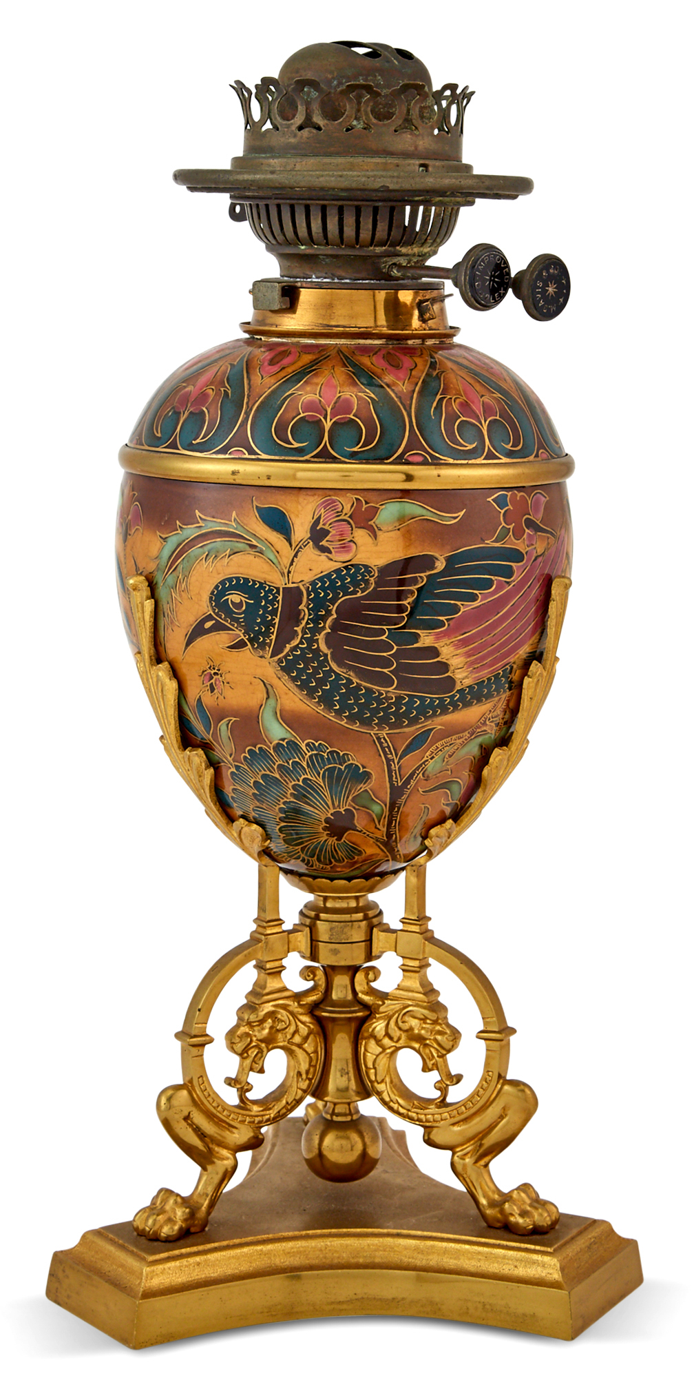 Lot image - Gilt-Metal Zsolnay Porcelain Vase Mounted as an Oil Lamp