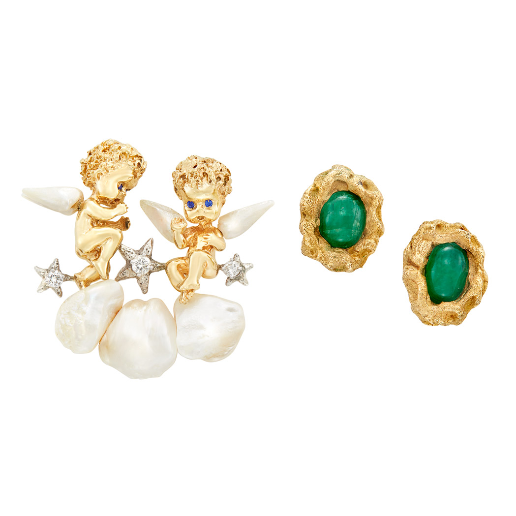 Lot image - Two-Color Gold, Diamond, Baroque Freshwater Pearl and Sapphire Pin and Pair of Gold and Emerald Earrings, Ruser