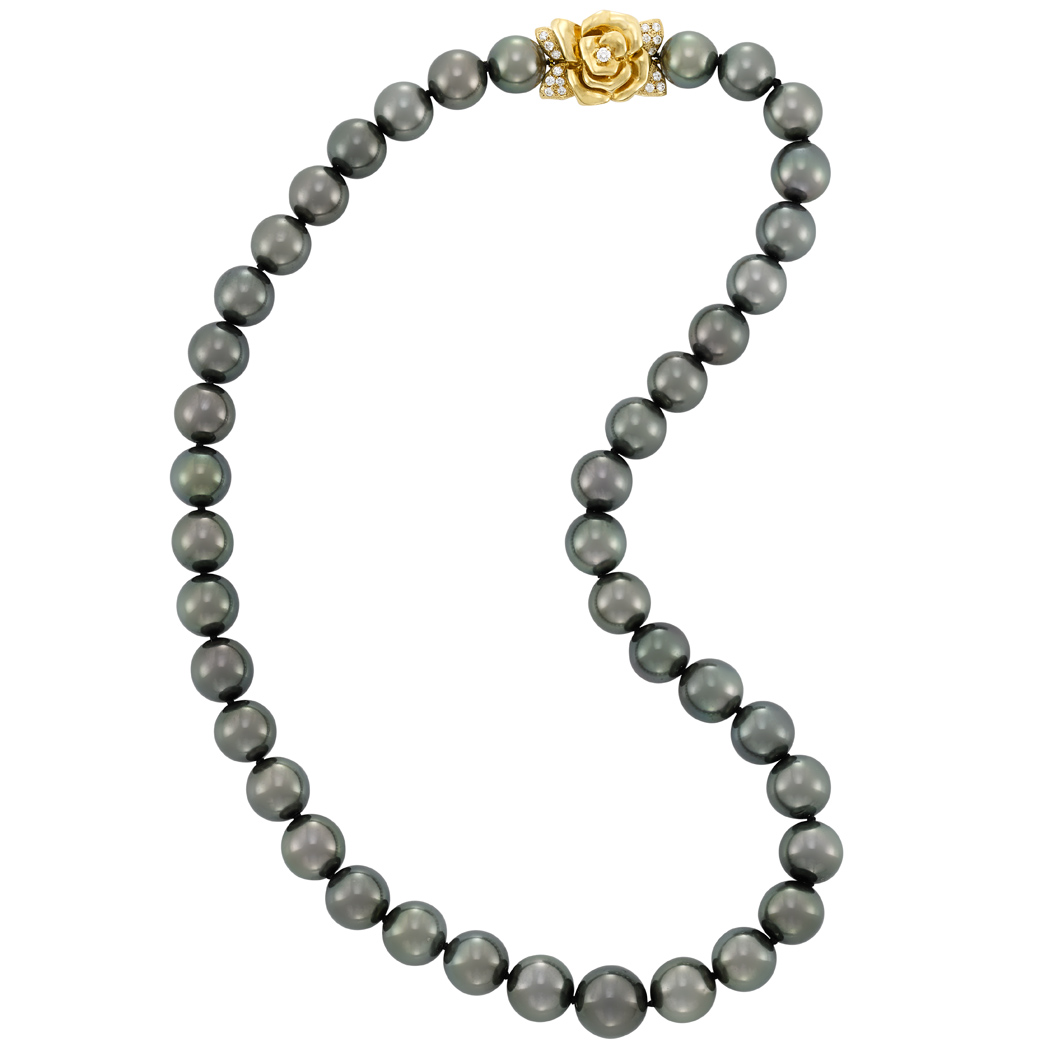 Lot image - Tahitian Black Cultured Pearl Necklace with Gold and Diamond Flower Clasp, Mikimoto