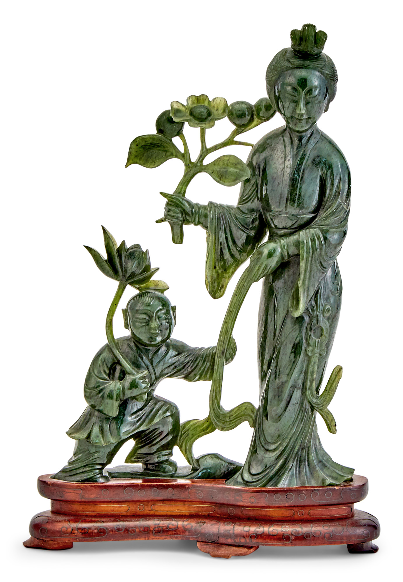 Lot image - A Chinese Spinach Jade Carving of a Meiren and Child