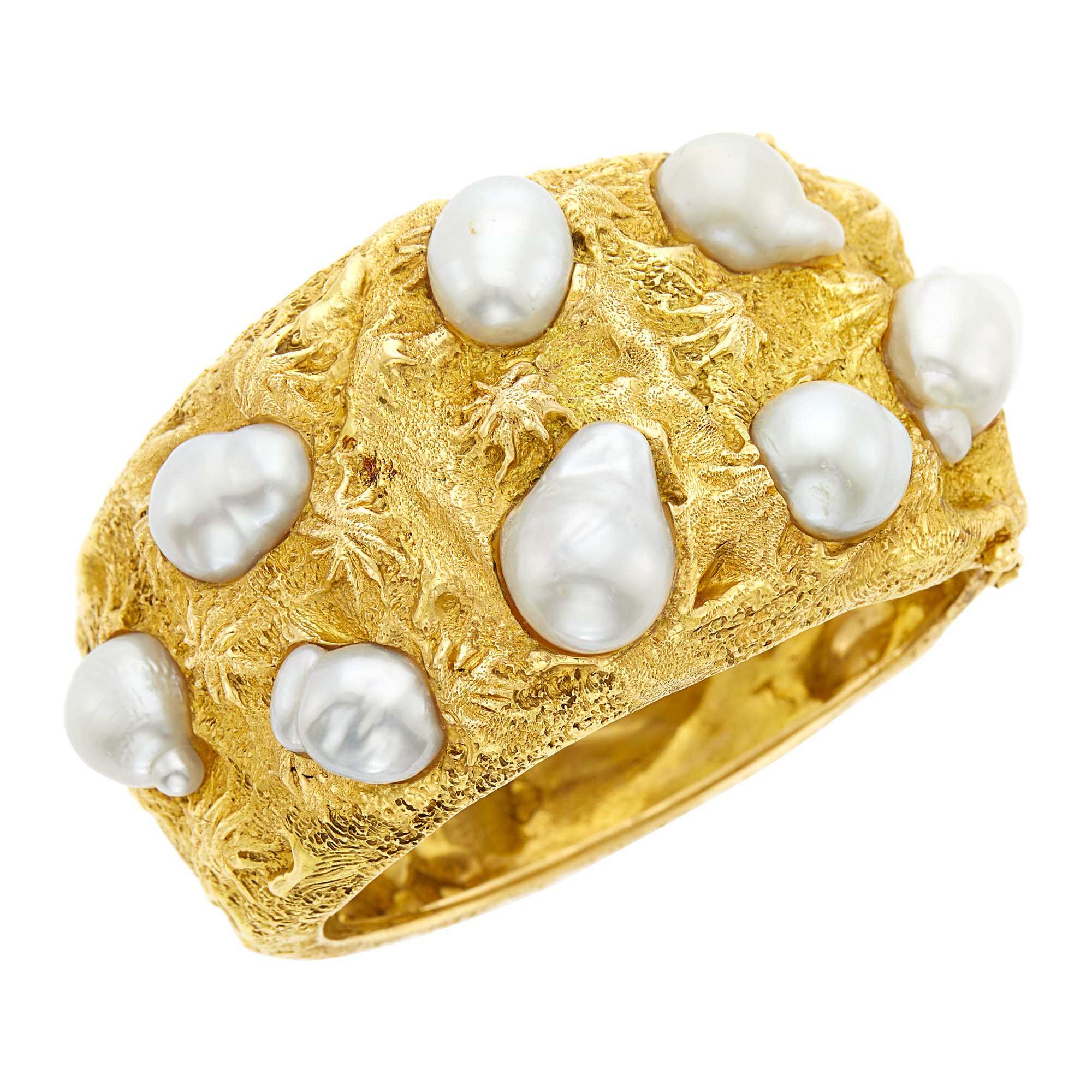 Lot image - Gold and Baroque Cultured Pearl Cuff Bangle Bracelet