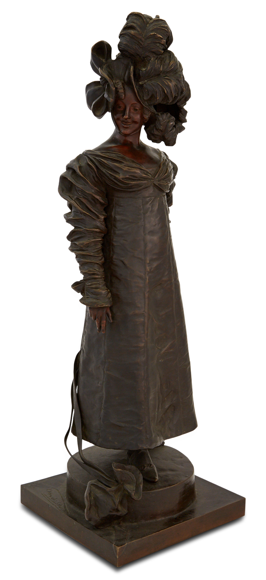 Lot image - Belgian Art Nouveau Patinated Bronze Figure of a Woman in a Plumed Hat