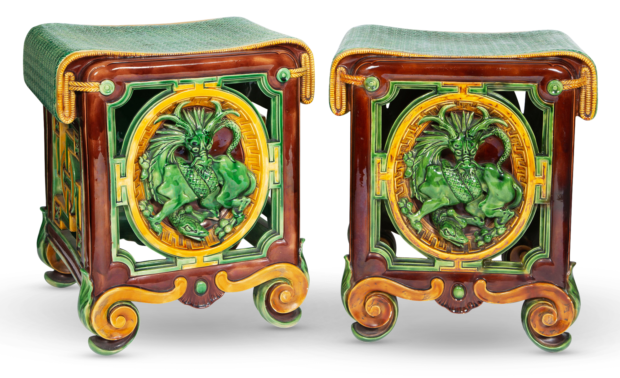 Lot image - Pair of Minton Majolica Chinoiserie Garden Seats