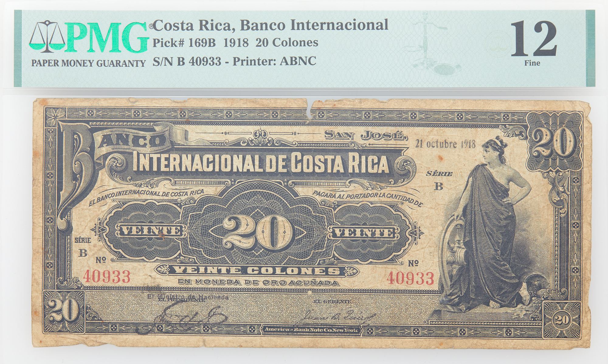 Lot image - Costa Rica, Banco Internacional 1918 Veinte Colones Perforated Retardo Pick# 162 PMG 12