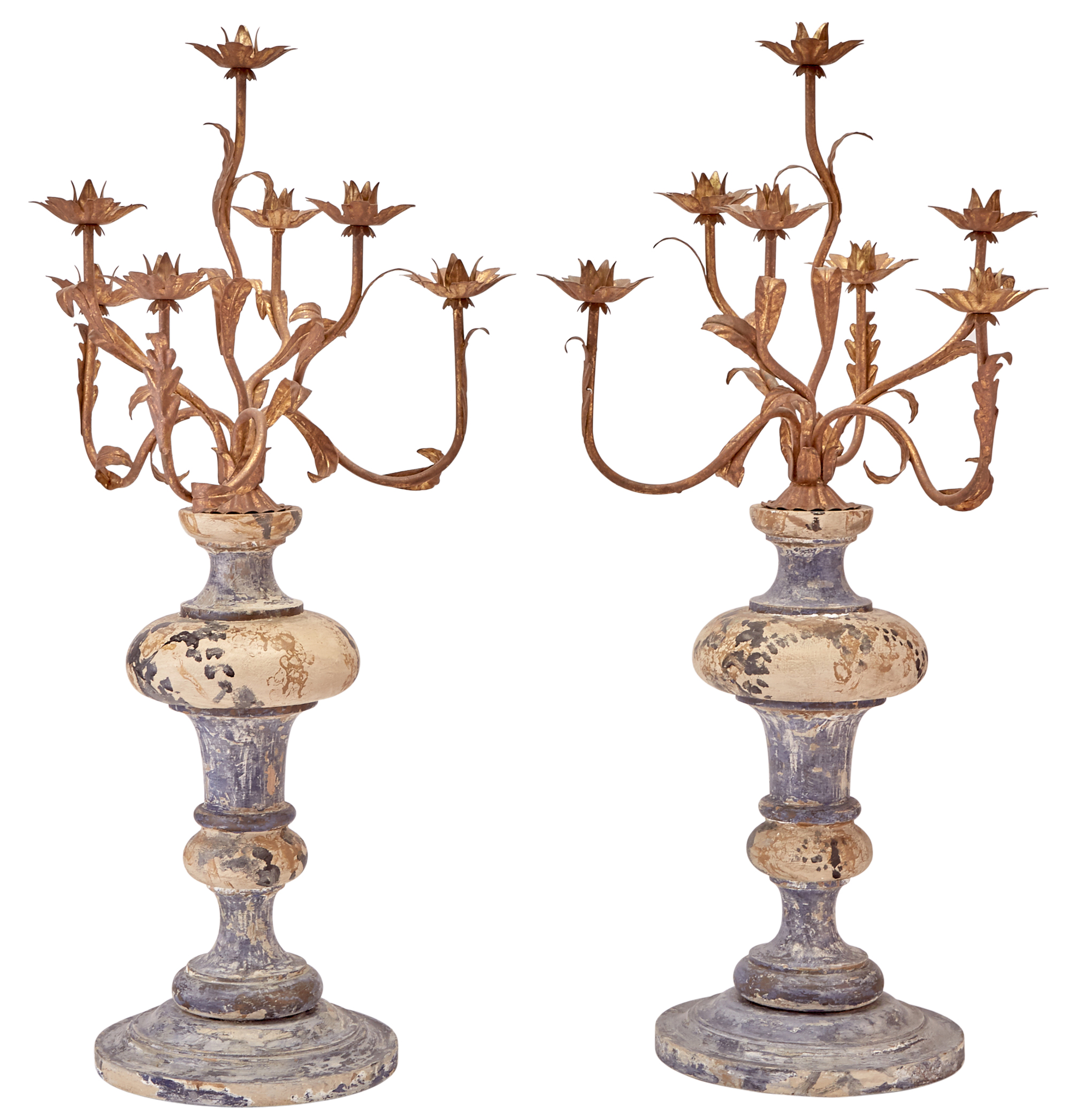 Lot image - Pair of Baroque Style Gilt-Tole and Painted Six-Light Candelabra