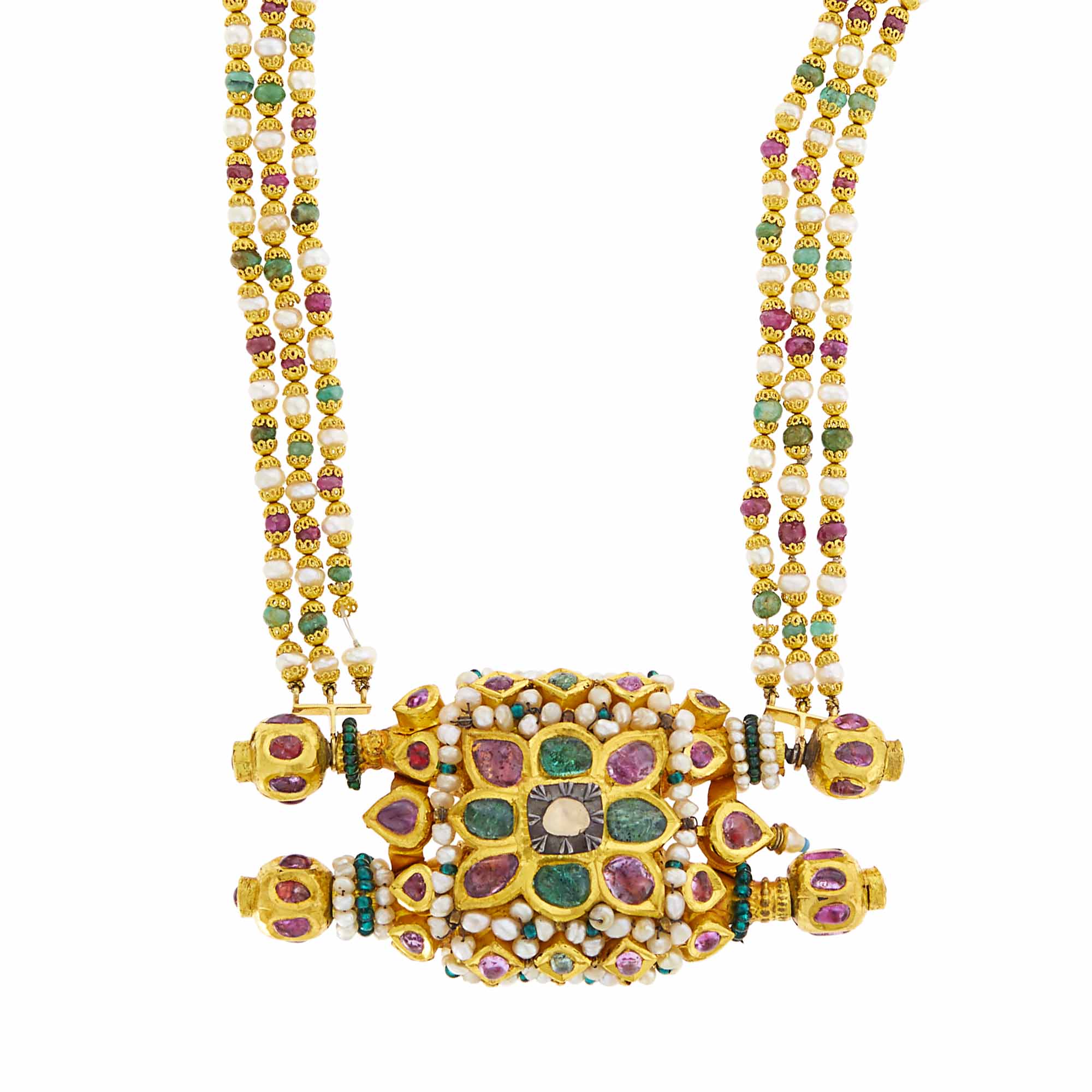 Lot image - Triple Strand Indian Gold, Silver, Freshwater Pearl, Foil-Backed Colored Stone and Glass Bead Pendant-Necklace