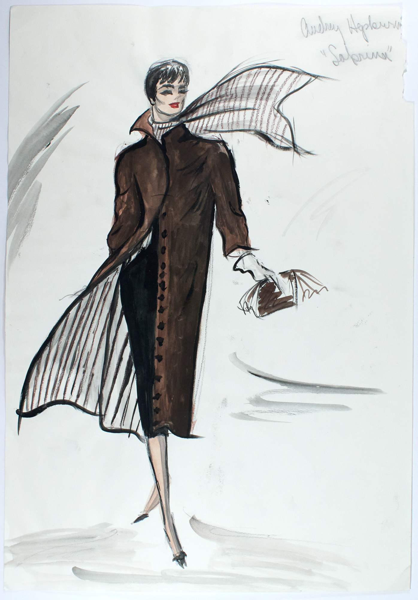 Lot image - Edith Head  Original costume design for a coat worn by Audrey Hepburn in Sabrina.