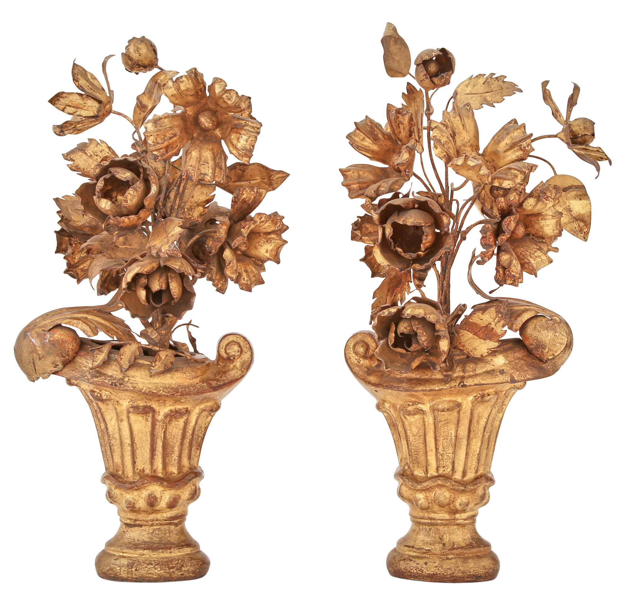 Lot image - Pair of Neoclassical Style Tole Painted and Giltwood Flower Filled Urns