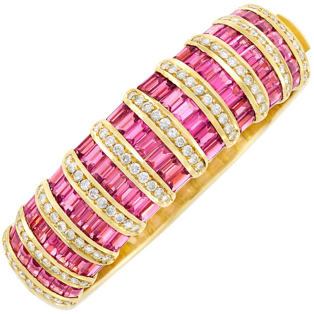 Lot image - Gold, Pink Tourmaline and Diamond Bangle Bracelet, by H. Stern