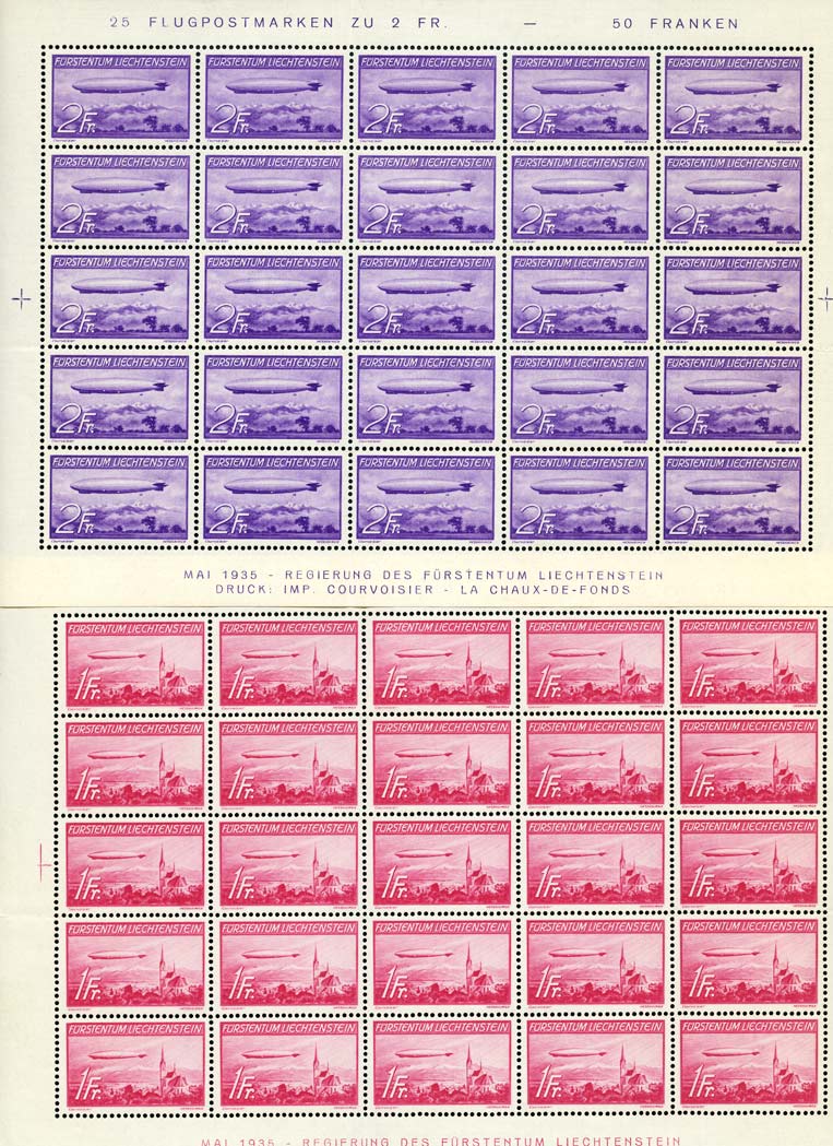 Lot image - Liechtenstein 1936 Zeppelin Issue C15, 16 Full Sheets