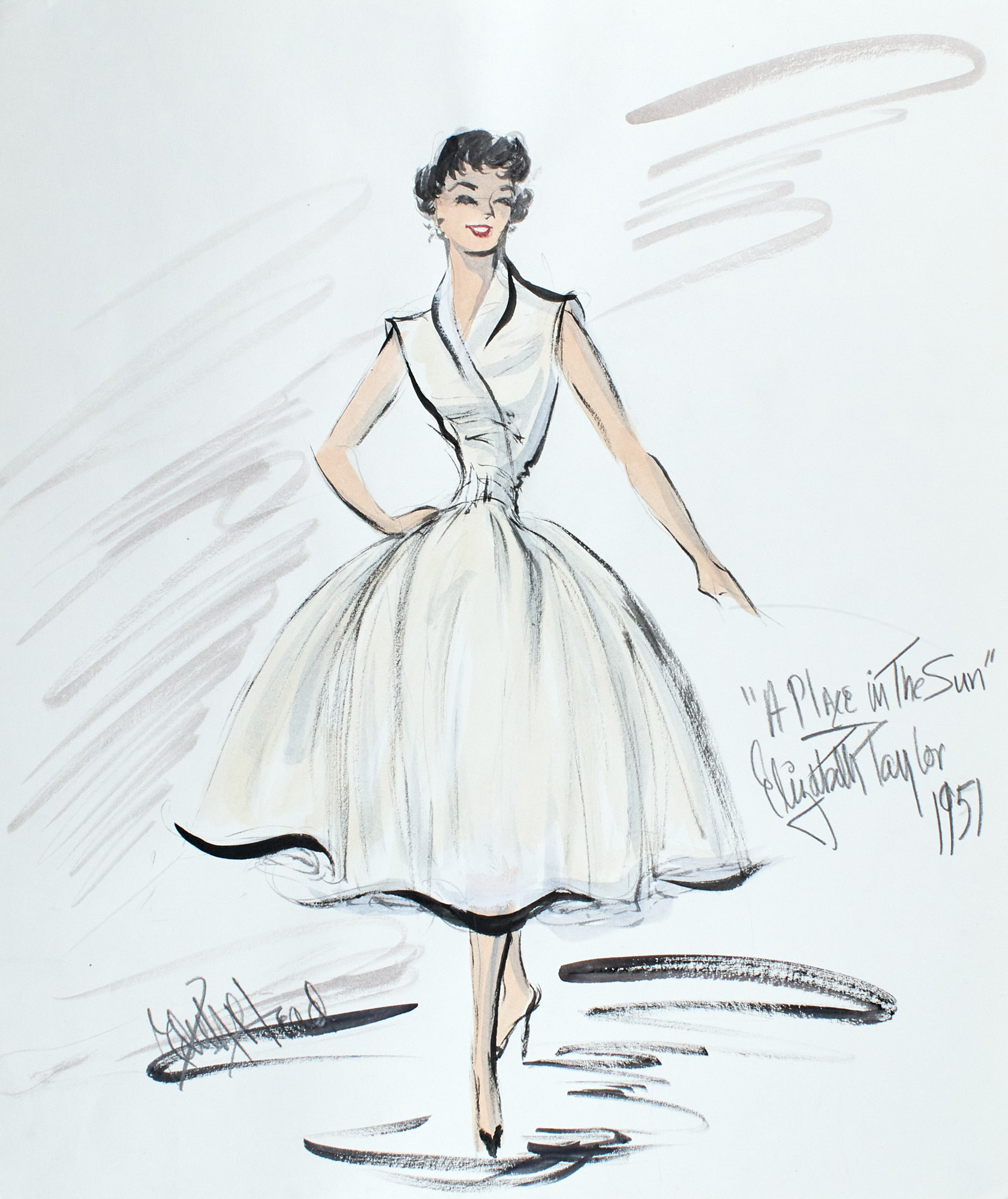 Lot image - Edith Head  Original costume design for a daytime dress worn by Elizabeth Taylor in A Place in the Sun.