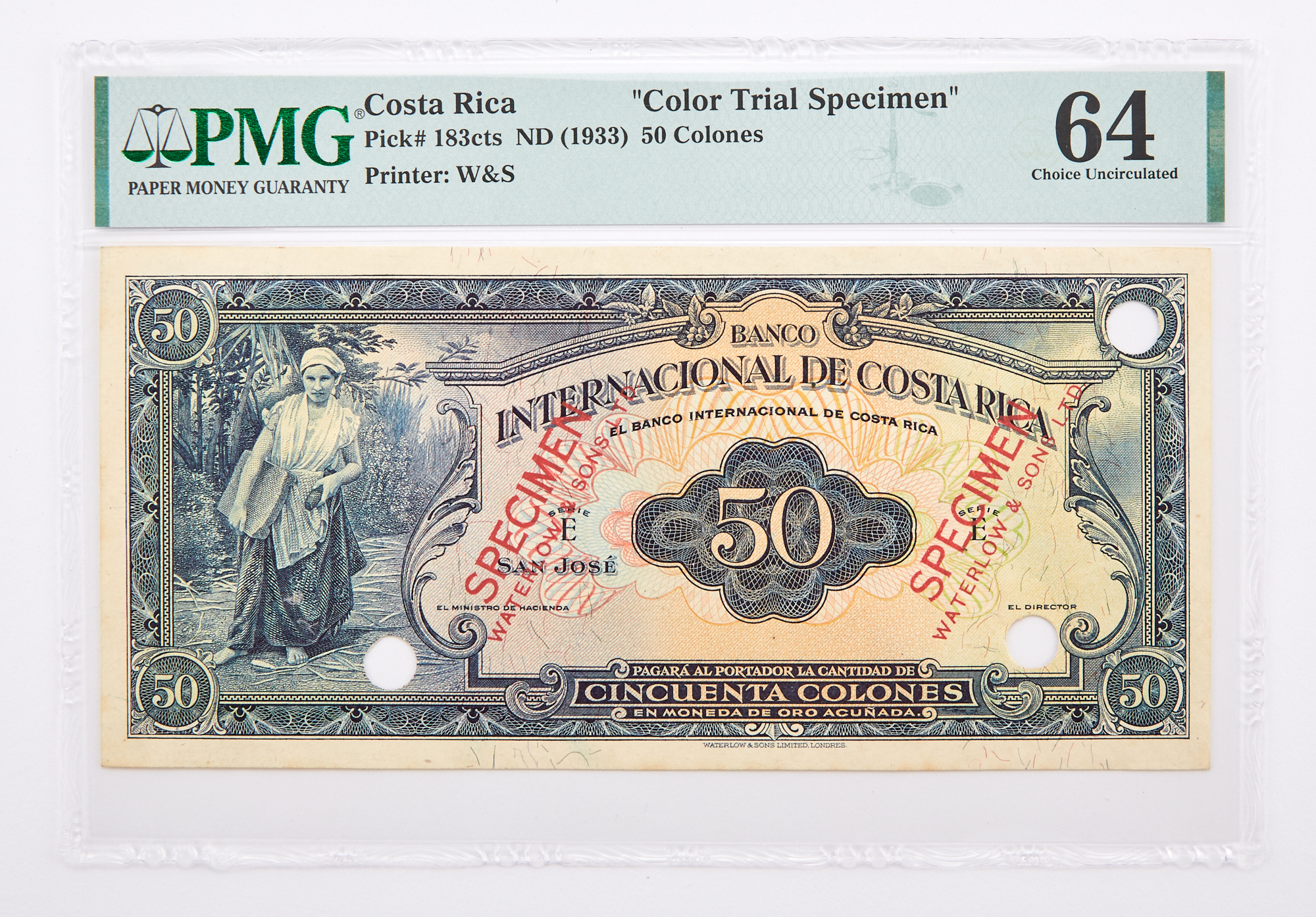 Lot image - Costa Rica, Banco Internacional de Costa Rica Series E 1933 Cincuenta Colones Color Trial Specimen Pick# 183cts PMG64