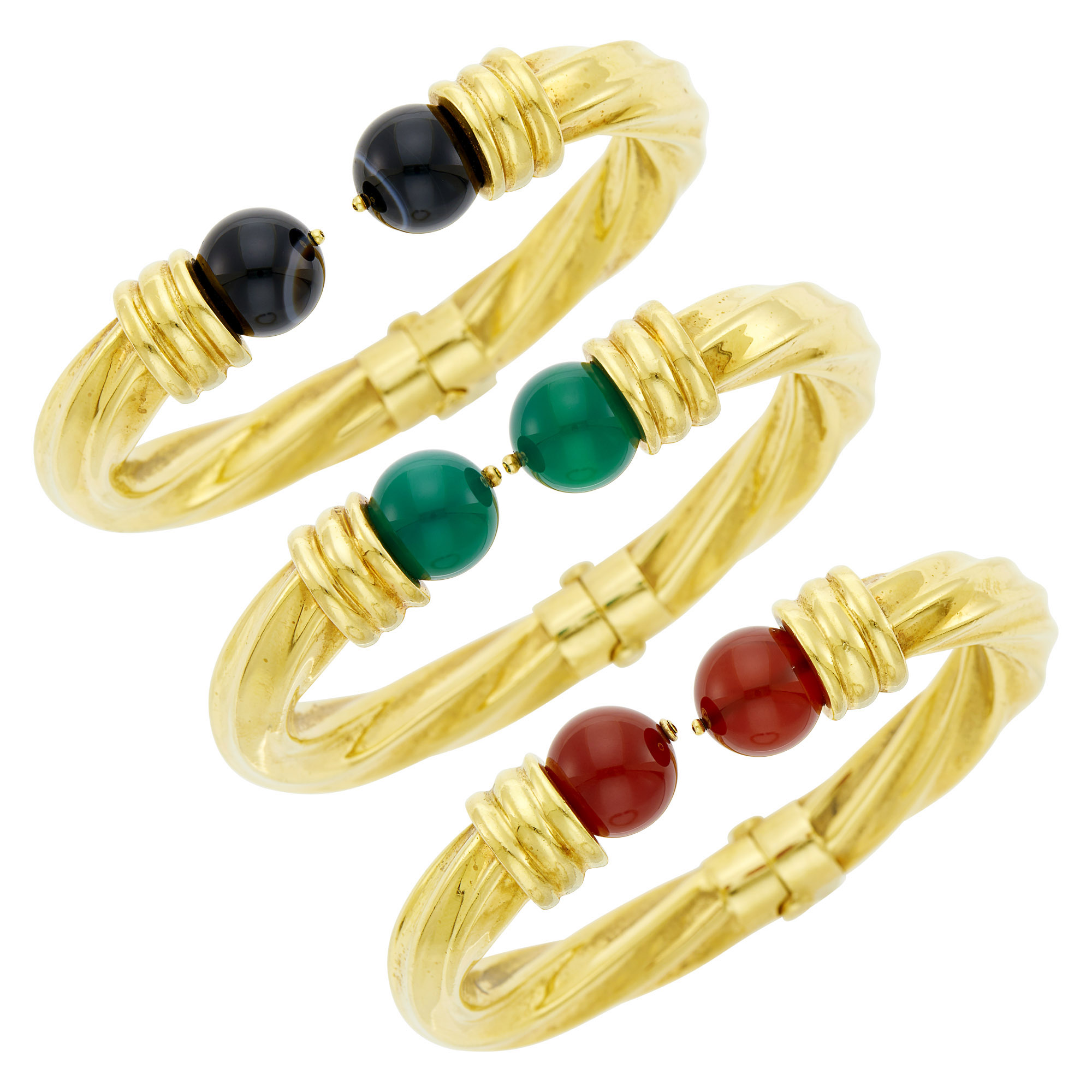 Lot image - Three Fluted Gold, Banded Black and Green Onyx and Carnelian Bead Bangle Bracelets
