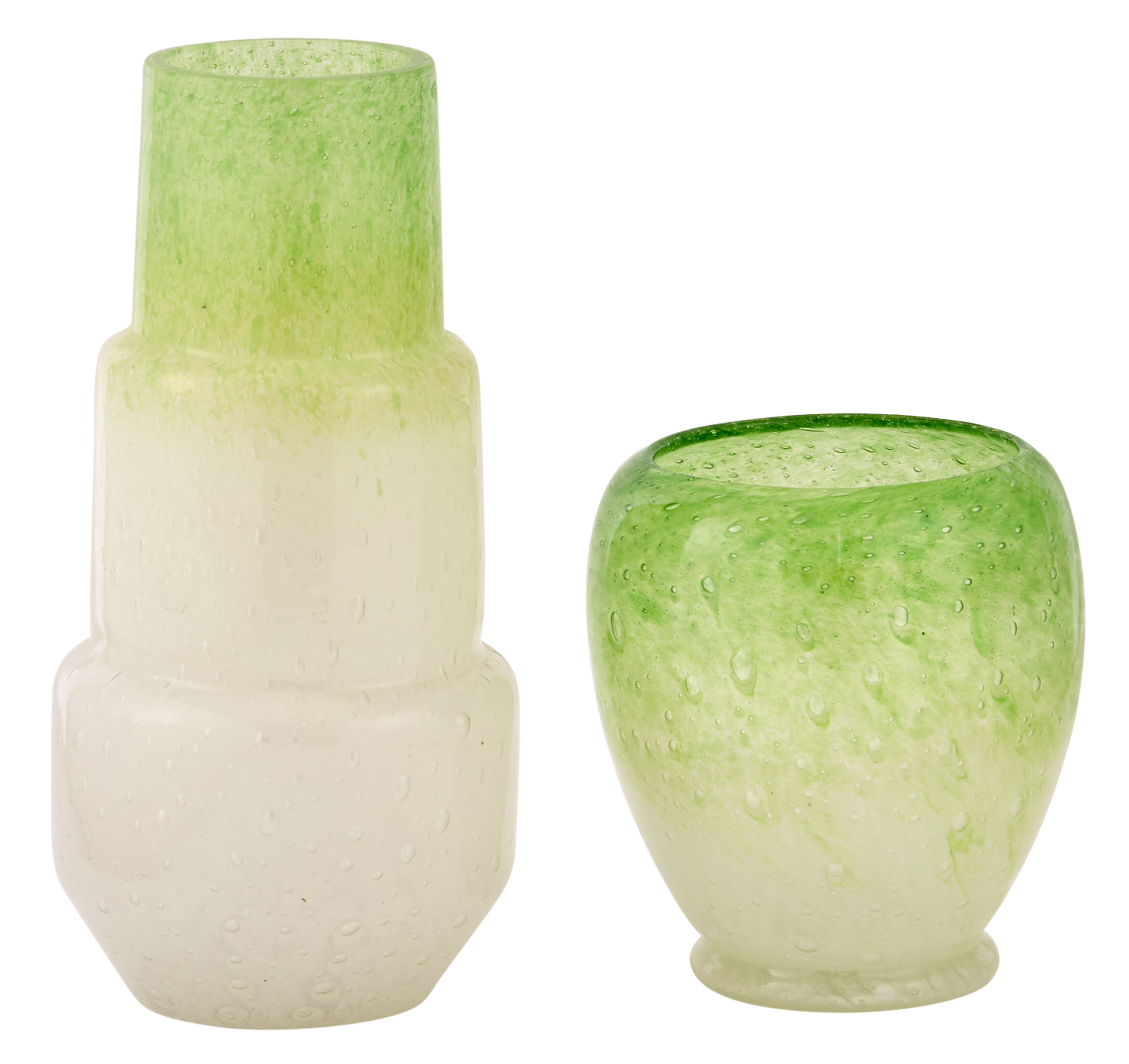 Lot image - Two Carder Steuben Art Deco Green and White Cluthra Glass Vases