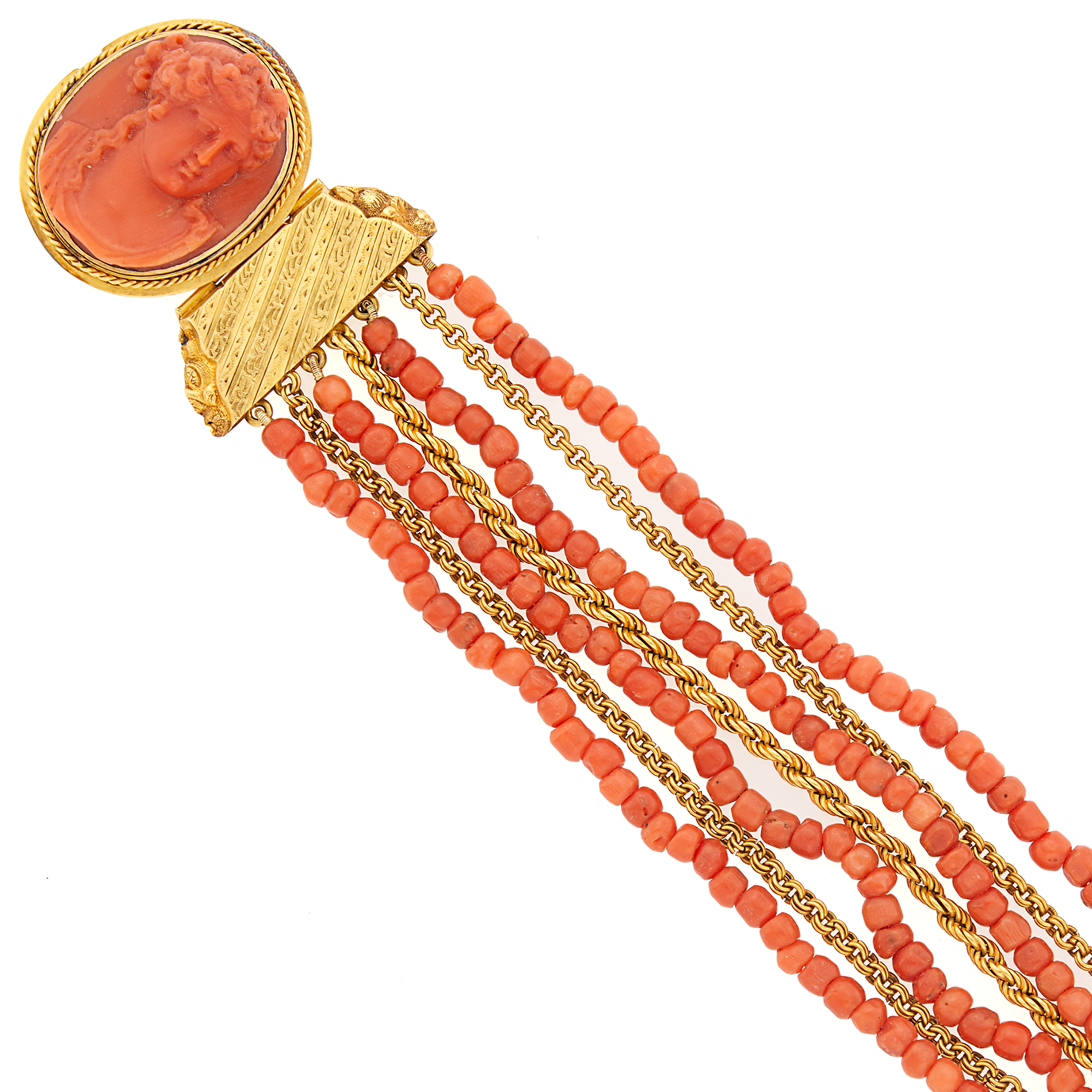 Lot image - Antique Seven Strand Gold, Coral Bead and Cameo Bracelet