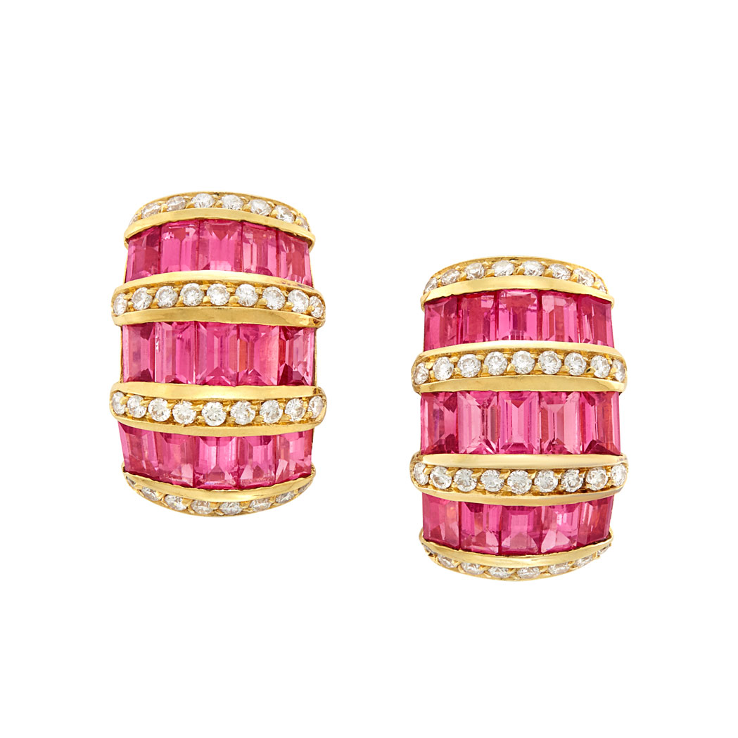 Lot image - Pair of Gold, Pink Tourmaline and Diamond Earrings, by H. Stern