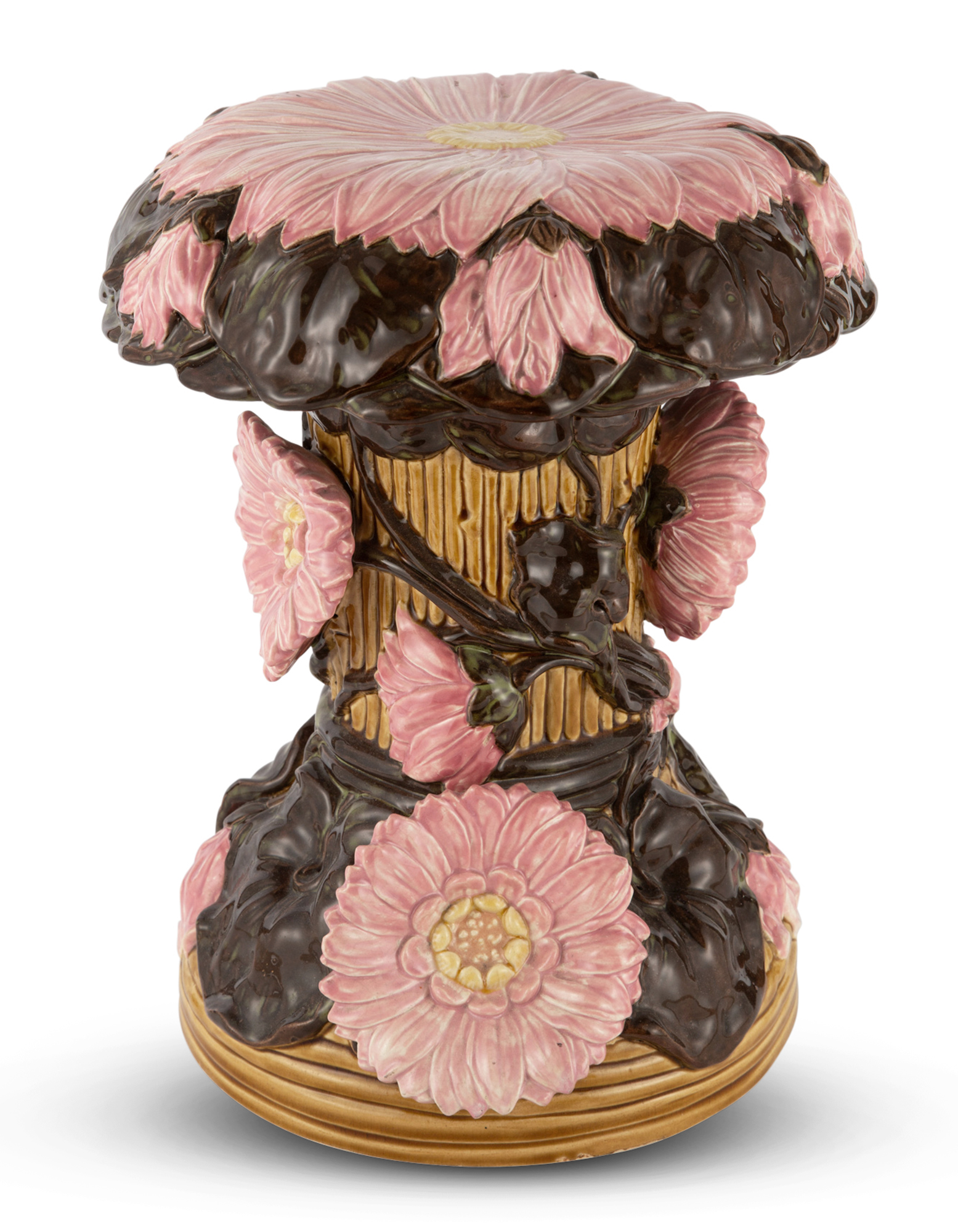 Lot image - Zsolnay Majolica Lotus Series Pink and Brown Ground Flower-Form Garden Seat