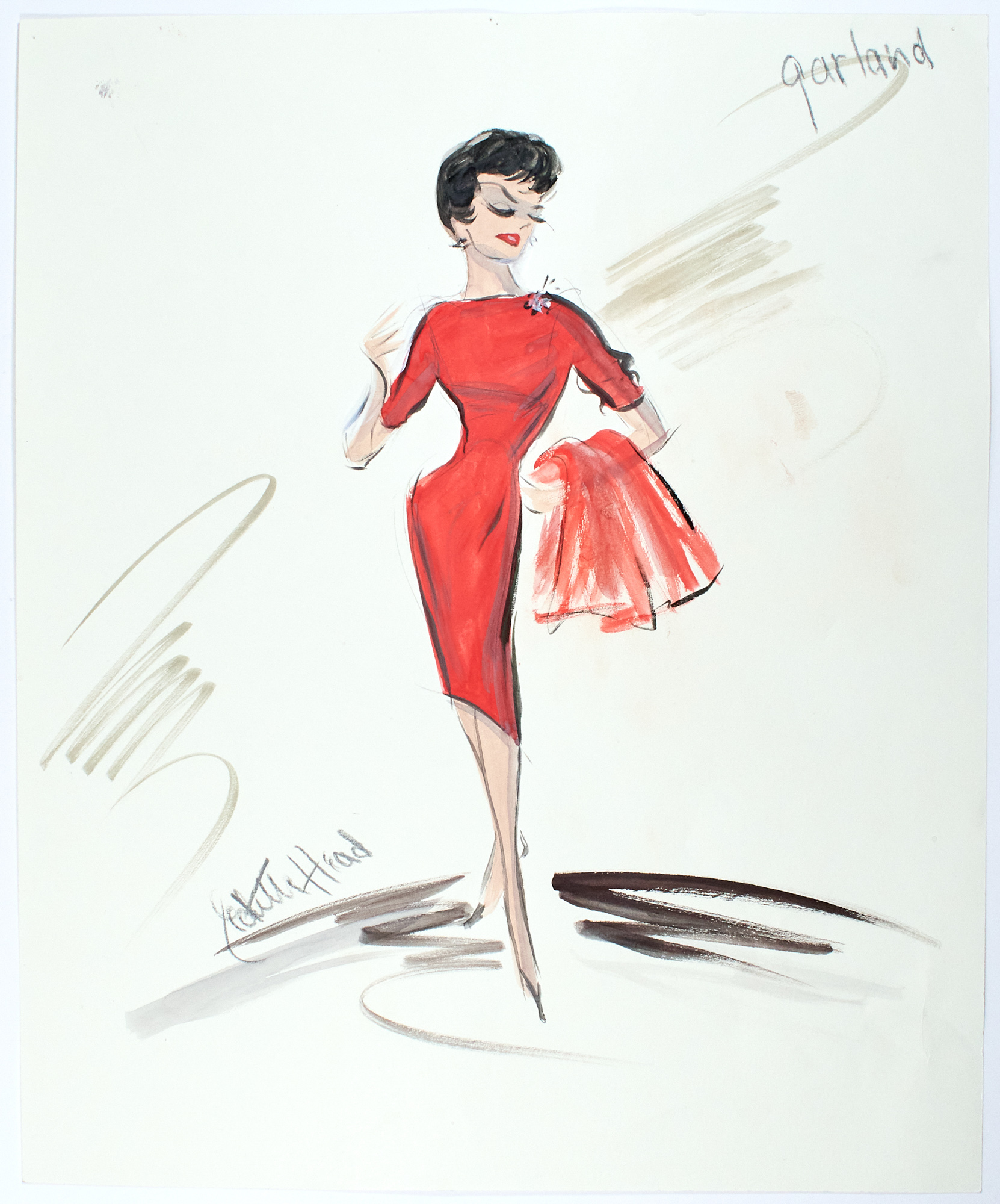 Lot image - Edith Head  Original costume design for the red dress worn by Judy Garland in I Could Go On Singing, 1963.