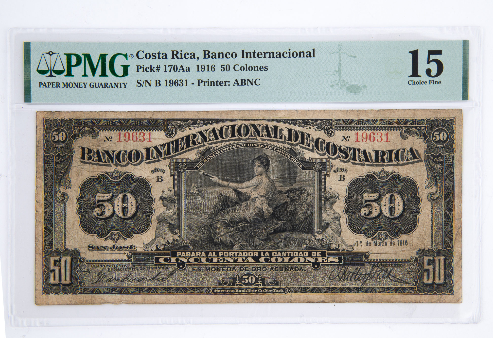 Lot image - Costa Rica, Banco International Series B Provisional 1916-35 Issues Cincuenta Colones Pick# 170Aa PMG 15