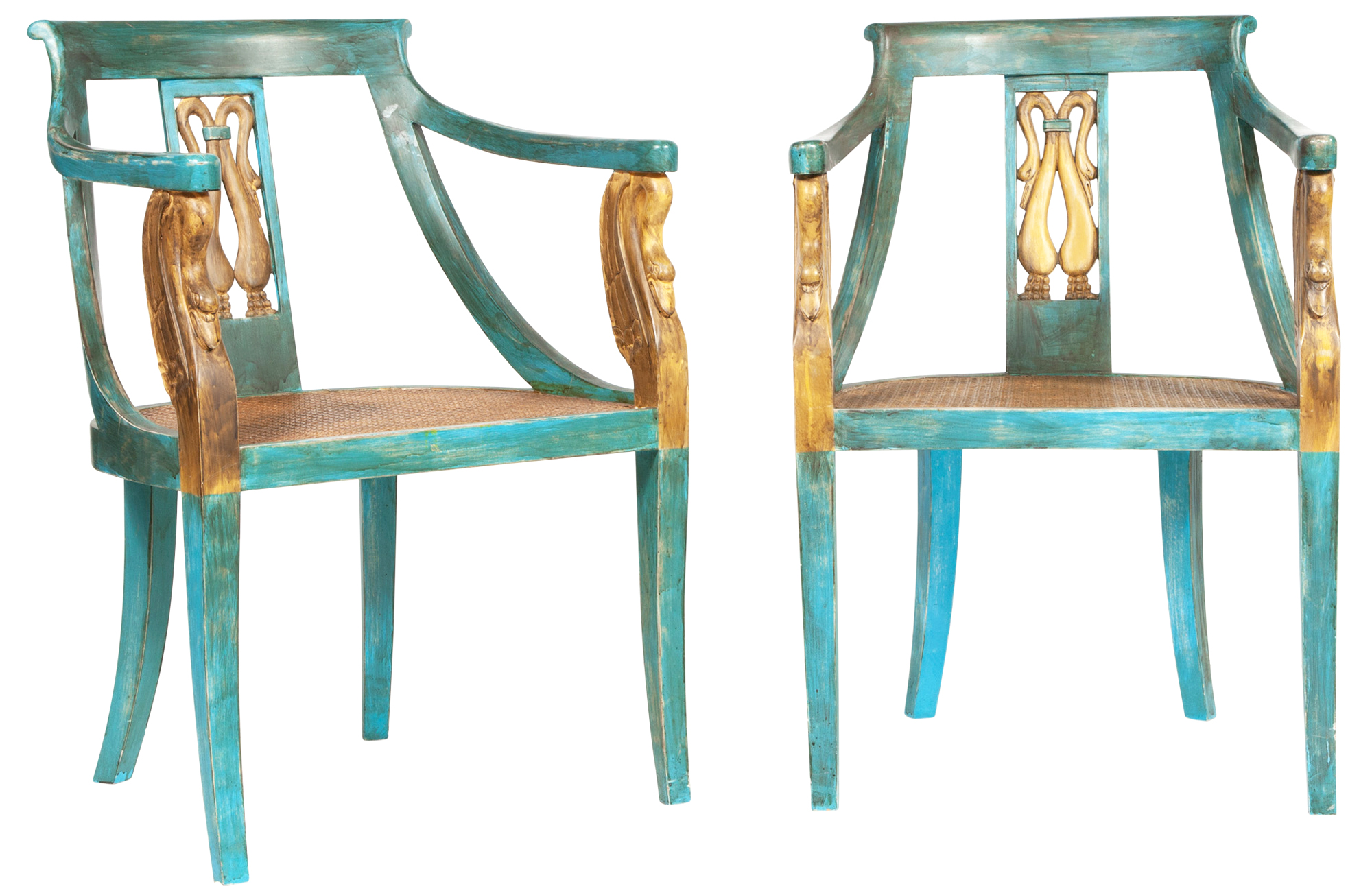 Lot image - Pair of Directoire Style Blue-Painted and Parcel-Gilt Caned Armchairs