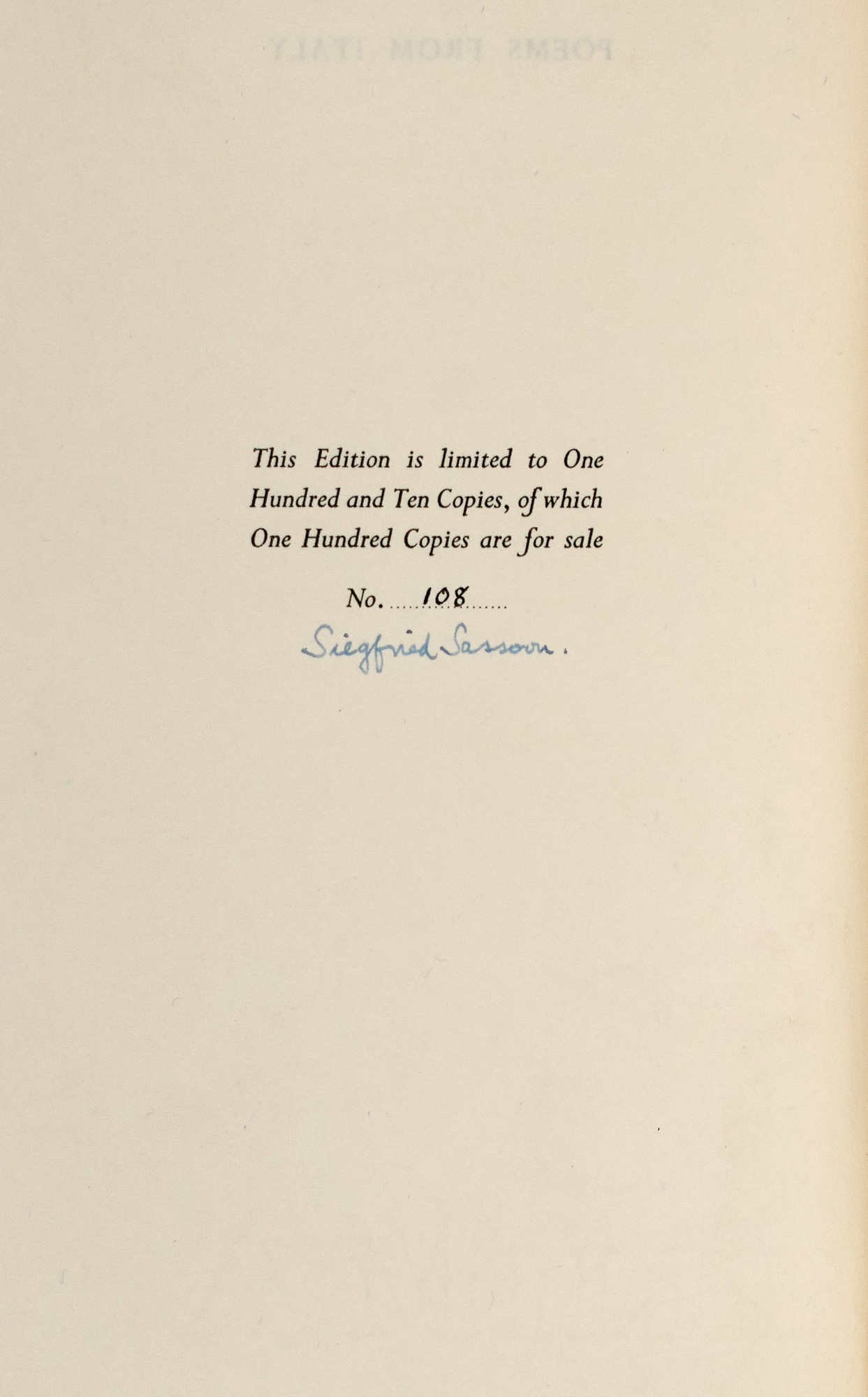 Lot image - SASSOON, SIEGFRIED  Poems from Italy, Verses Written by Members of the Eighth Army in Sicily and Italy, July 1943-March 1944.
