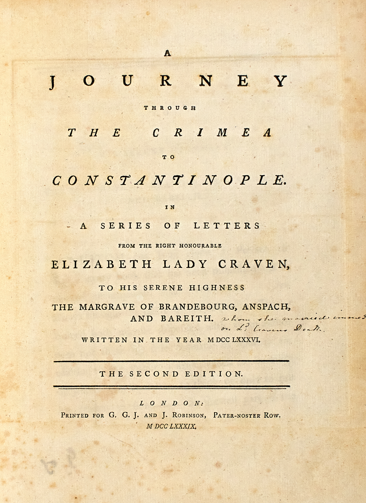 Lot image - [TRAVEL - BLACK SEA]  CRAVEN, LADY ELIZABETH. A Journey Through The Crimea to Constantinople. In a Series of Letters...