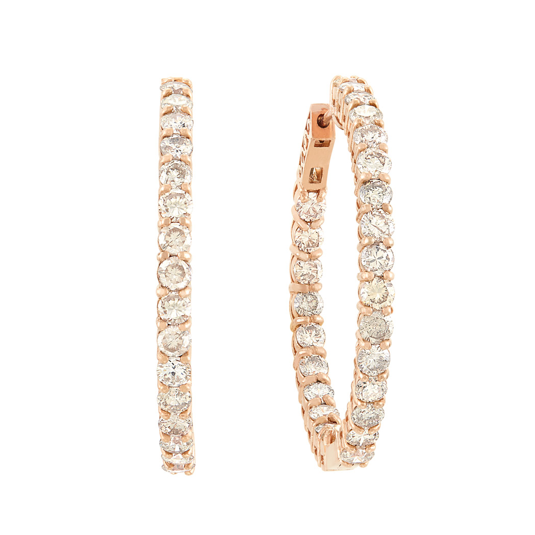 Lot image - Pair of Rose Gold and Diamond Hoop Earrings