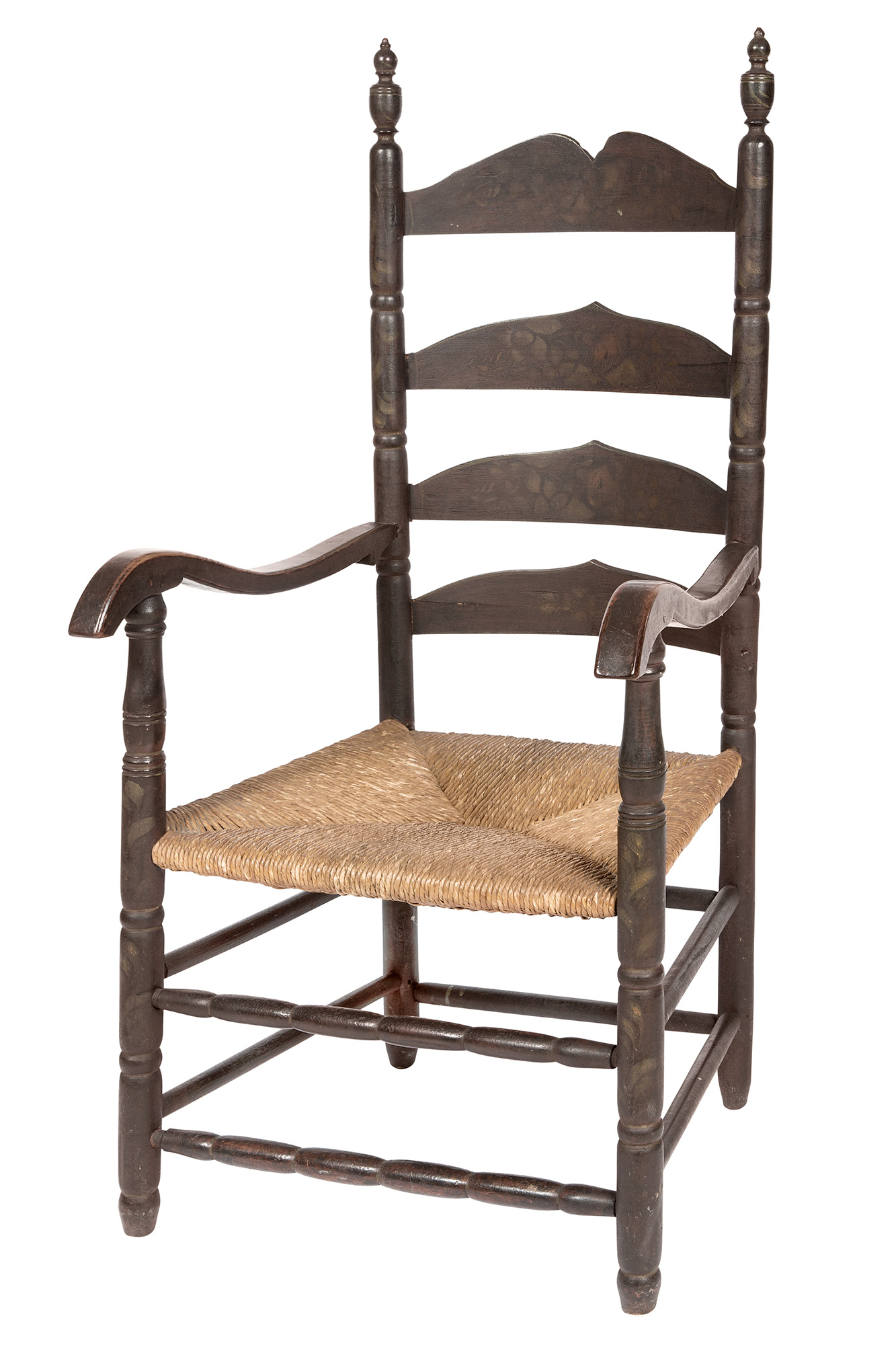 Lot image - Black Painted Maple Slat Back Rush Seat Armchair