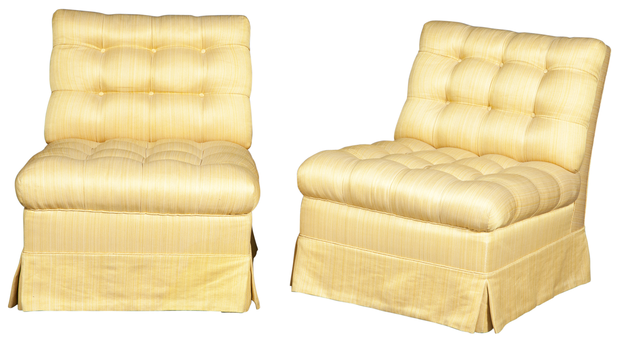 Lot image - Pair of Yellow Upholstered Button-Tufted Slipper Chairs