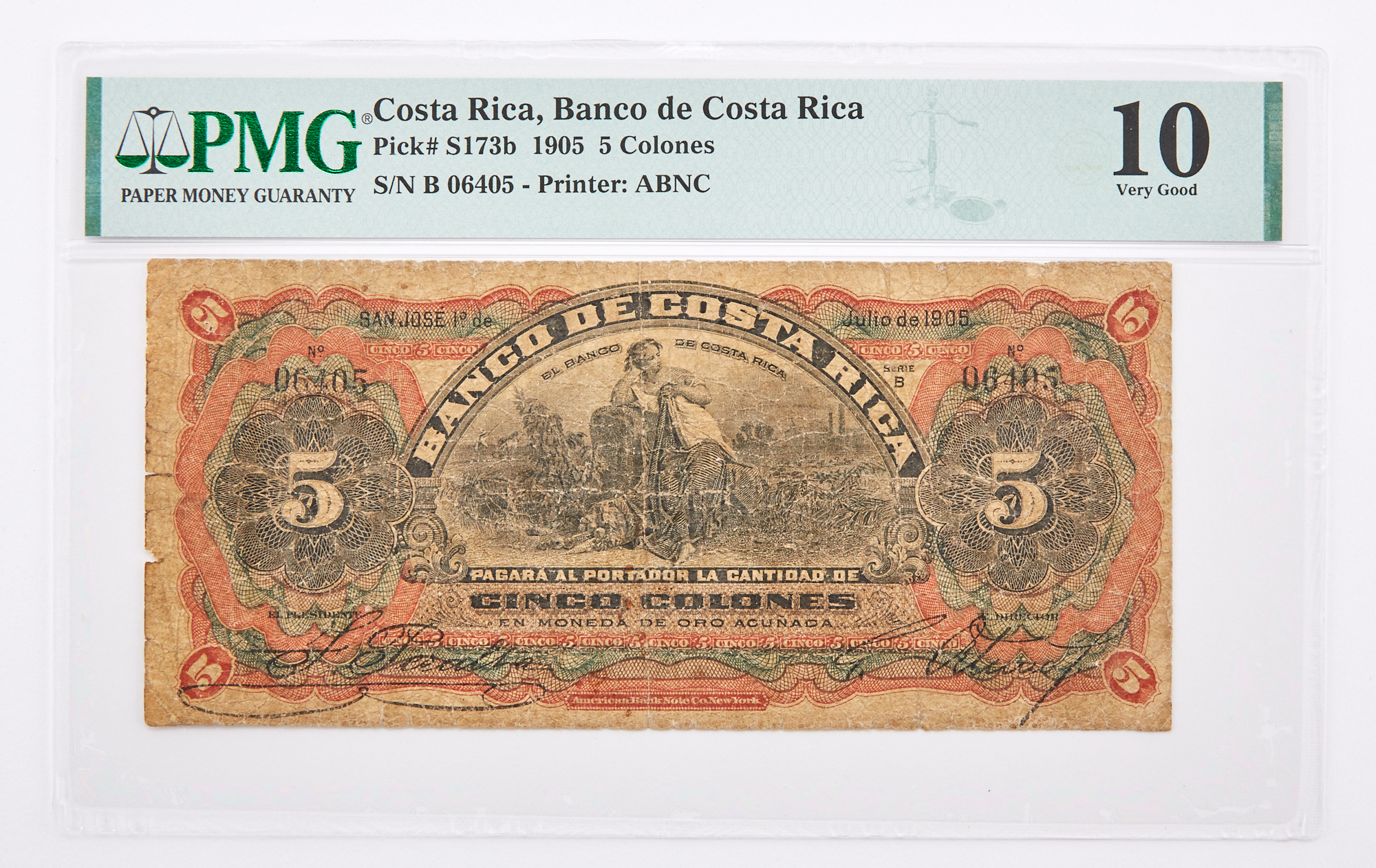 Lot image - Costa Rica, Banco de Costa Rica 1901-08 Cinco Colones Pick# S173b NGC 10