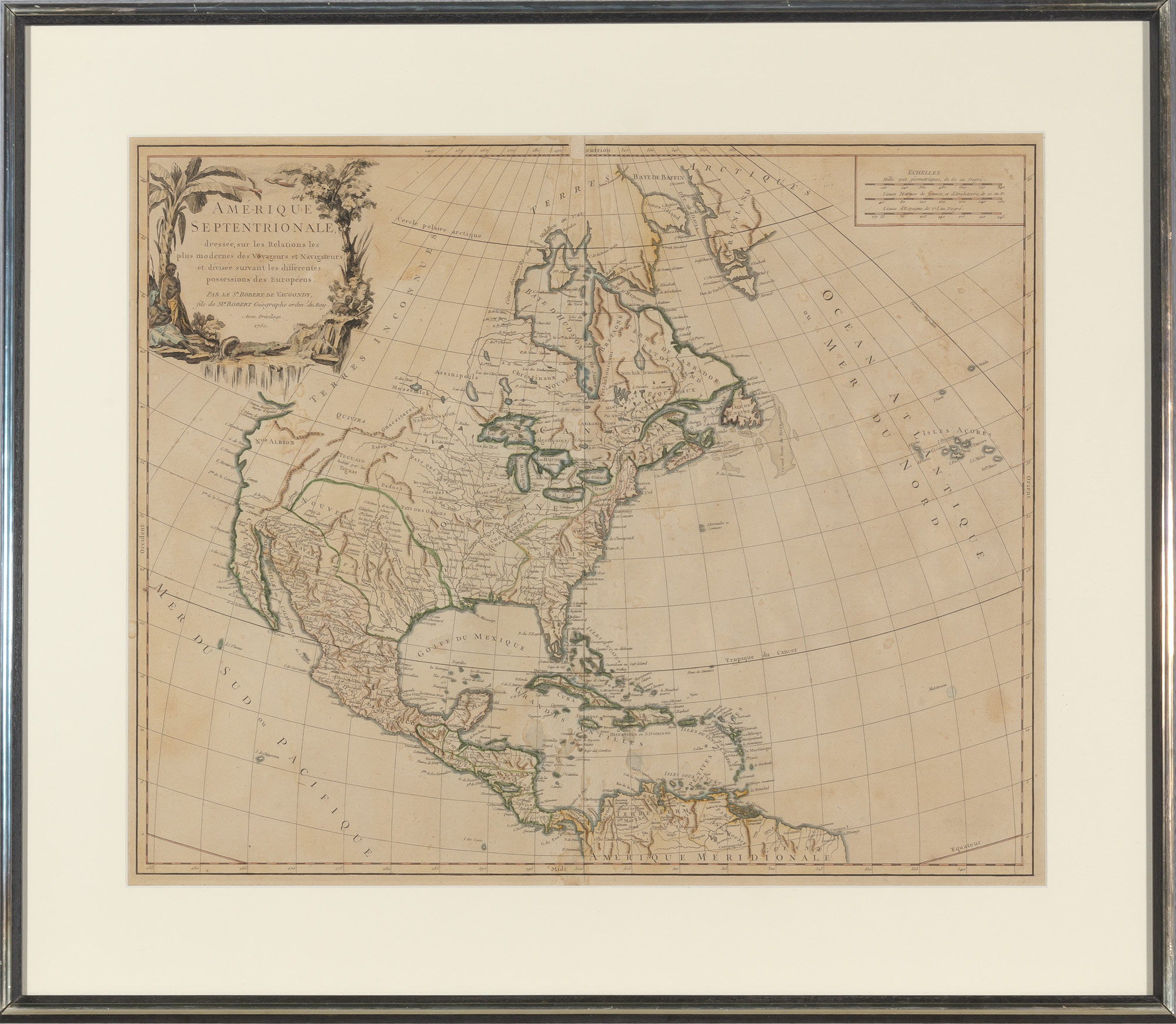Lot image - [MAP-AMERICA]  VAUGONDY, ROBERT DE. Amerique Septentrionale, Dressee, sur les Relations les Plus Modernes des Voyageurs et Navigateurs, et Divisee Suivant les Differentes Possessions des Europeens.