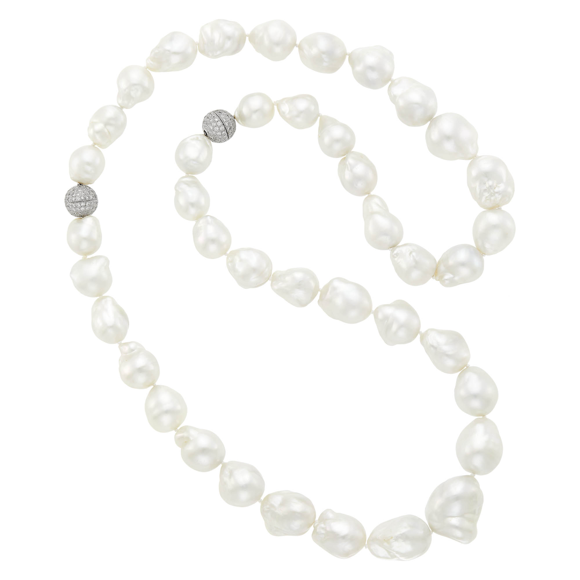 Lot image - Long South Sea Baroque Cultured Pearl Necklace/Two Necklaces with White Gold and Diamond Ball Clasps