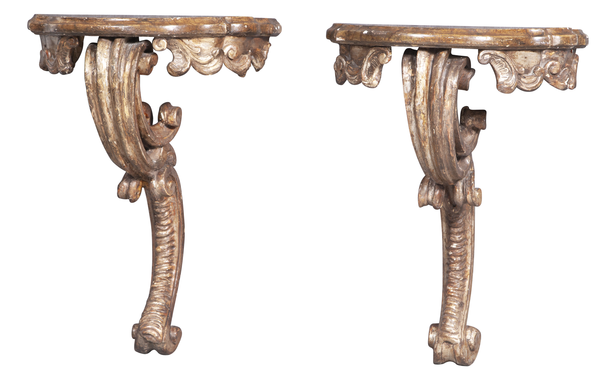 Lot image - Pair of Italian Rococo Faux Painted and Silvered Wood Consoles