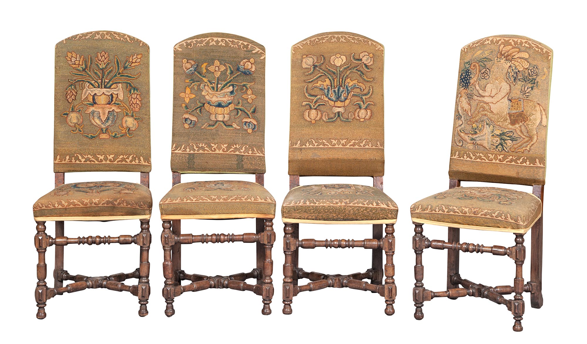 Lot image - Set of Four Elizabethan Revival Walnut Side Chairs with Needlework Upholstery