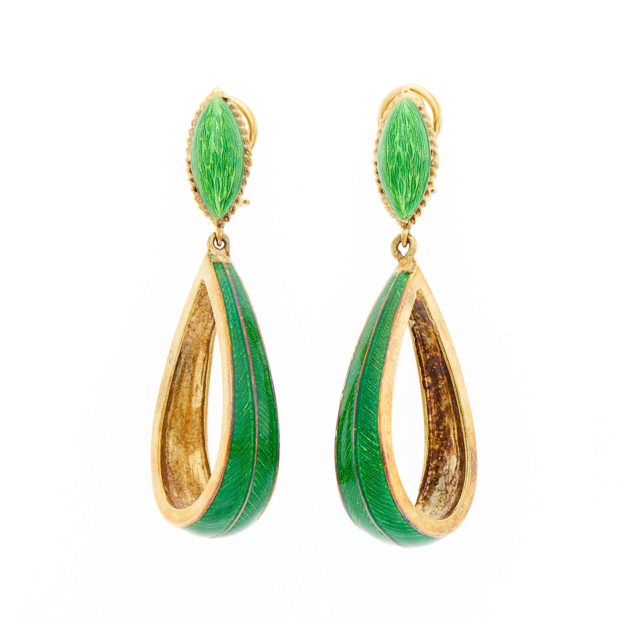 Lot image - Pair of Gold and Green Enamel Hoop Pendant-Earclips
