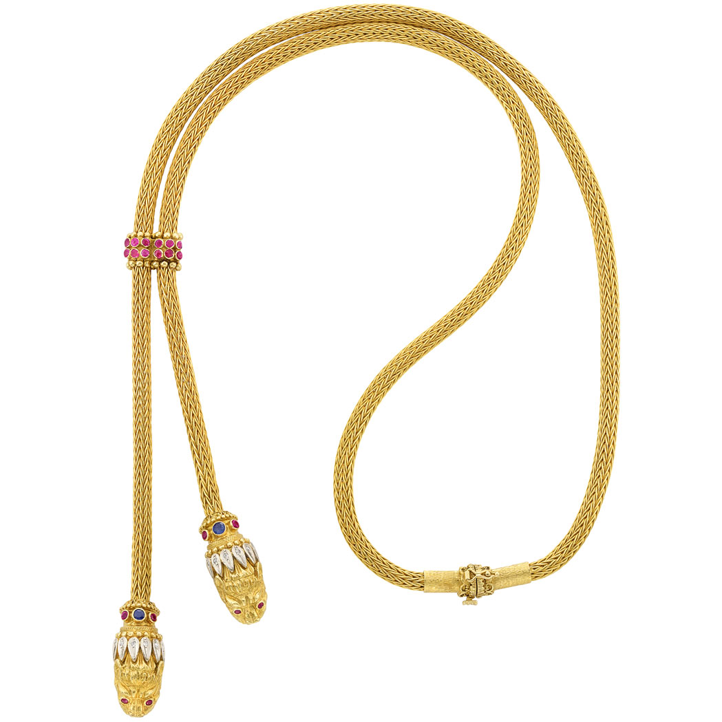 Lot image - Long Braided Gold, Ruby, Sapphire and Diamond Slide Necklace, Ilias Lalaounis