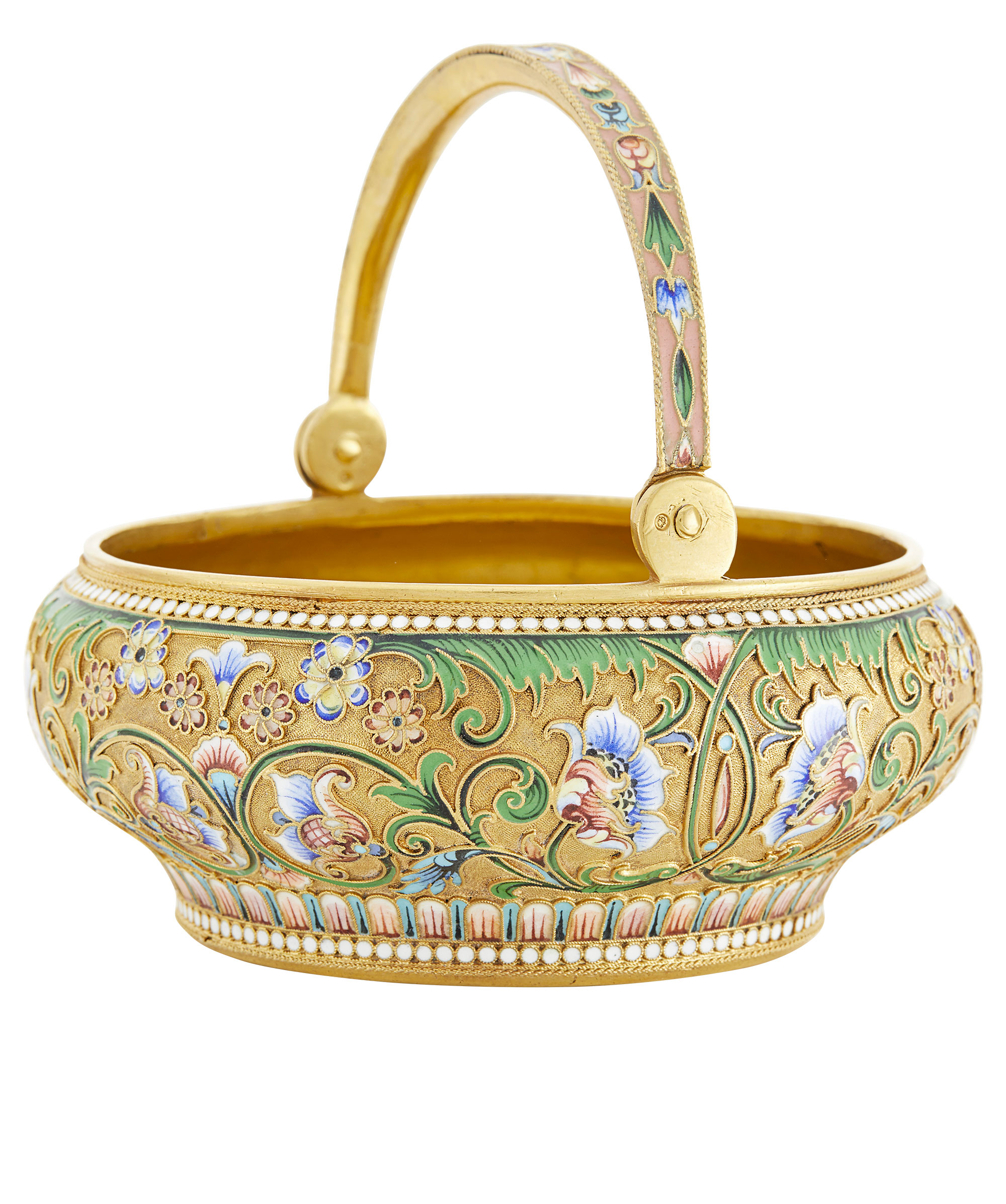 Lot image - Russian Silver-Gilt and Cloisonné Enamel Handled Basket