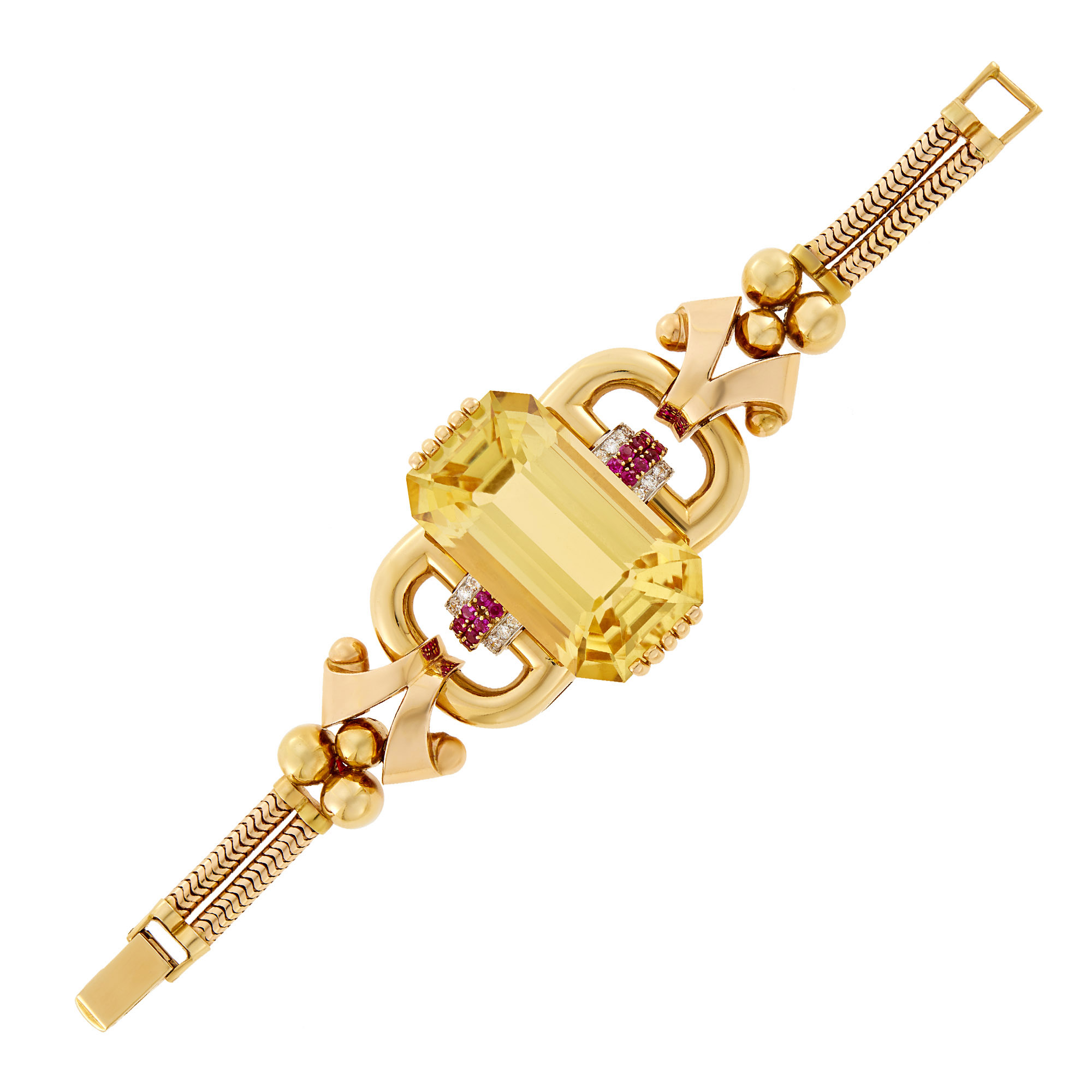 Lot image - Tiffany & Co. Two-Color Gold, Citrine, Ruby and Diamond Double Strand Snake Chain Bracelet