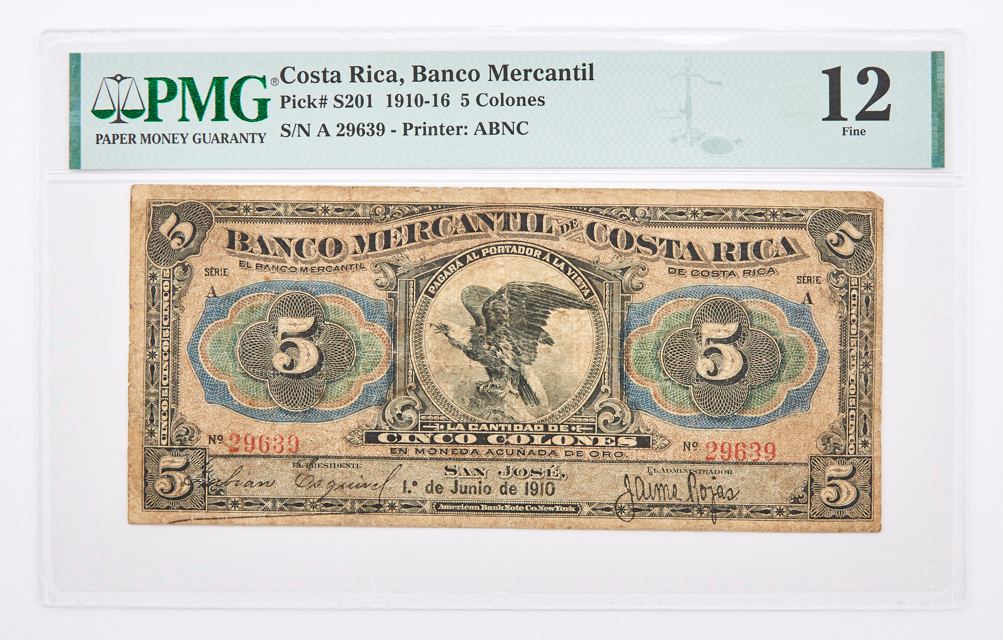 Lot image - Costa Rica, Banco Mercantil de Costa Rica 1910-16 Cinco Colones Pick# S201a PMG 12