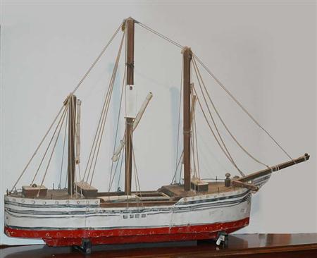 Lot image - Wood and Painted Metal Three-Masted Ship Model