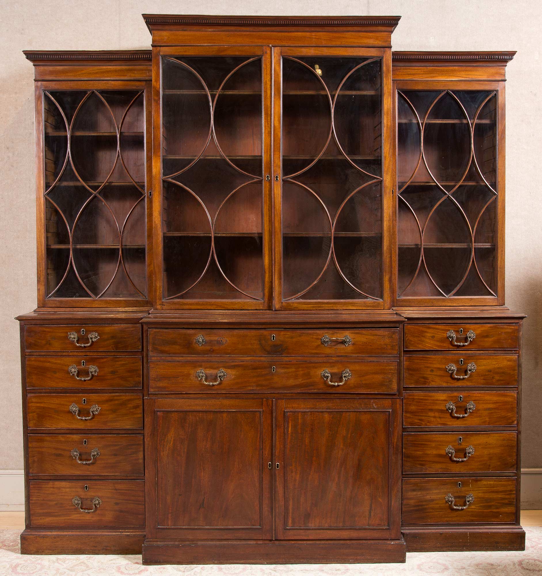 Lot image - George III Mahogany Breakfront Secretaire Bookcase Cabinet