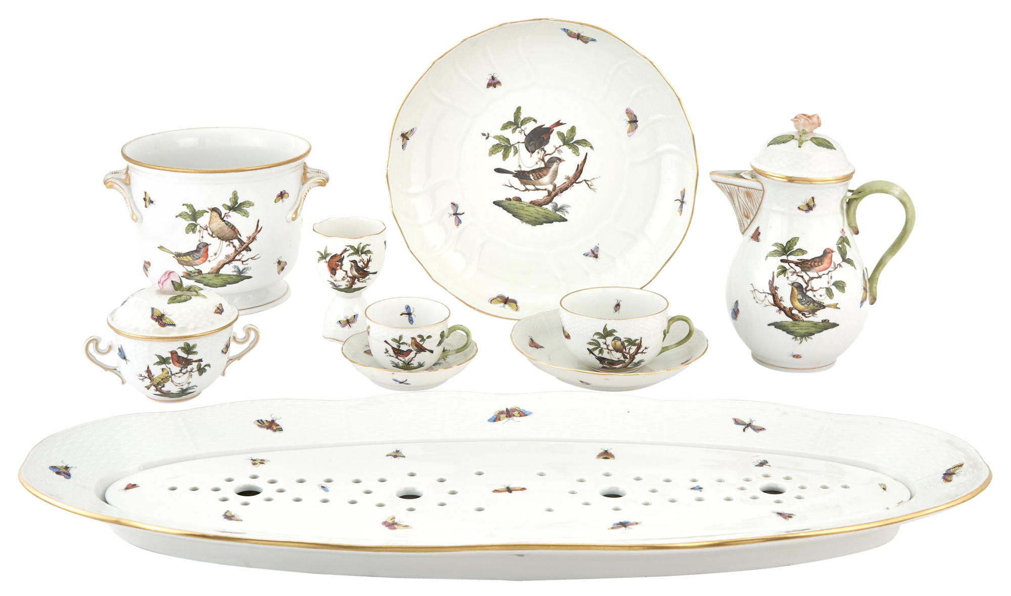 Lot image - Group of Herend Porcelain Rothschild Bird Pattern Tableware