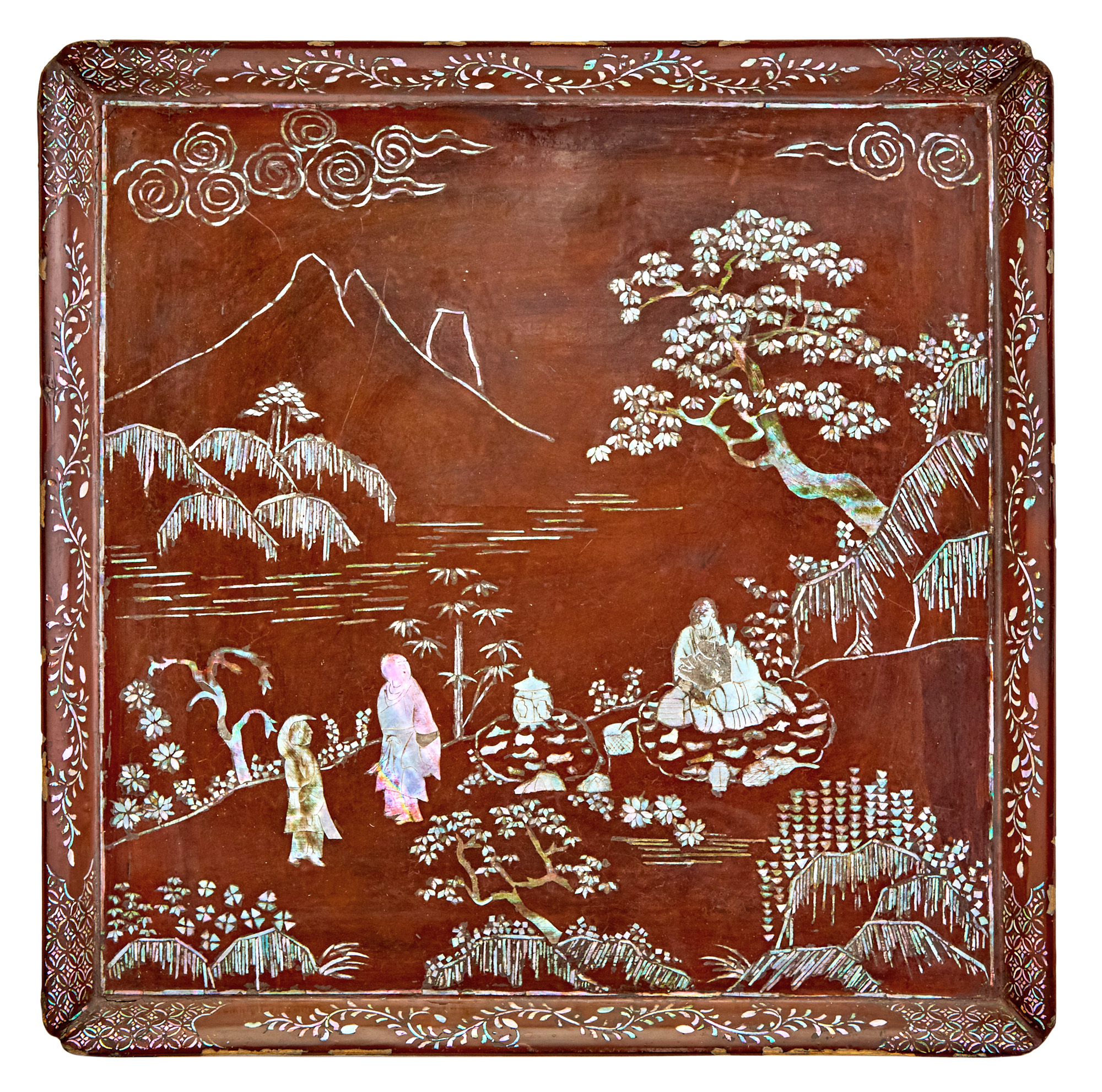 Lot image - A Chinese Lac Burgaute Square Form Tray